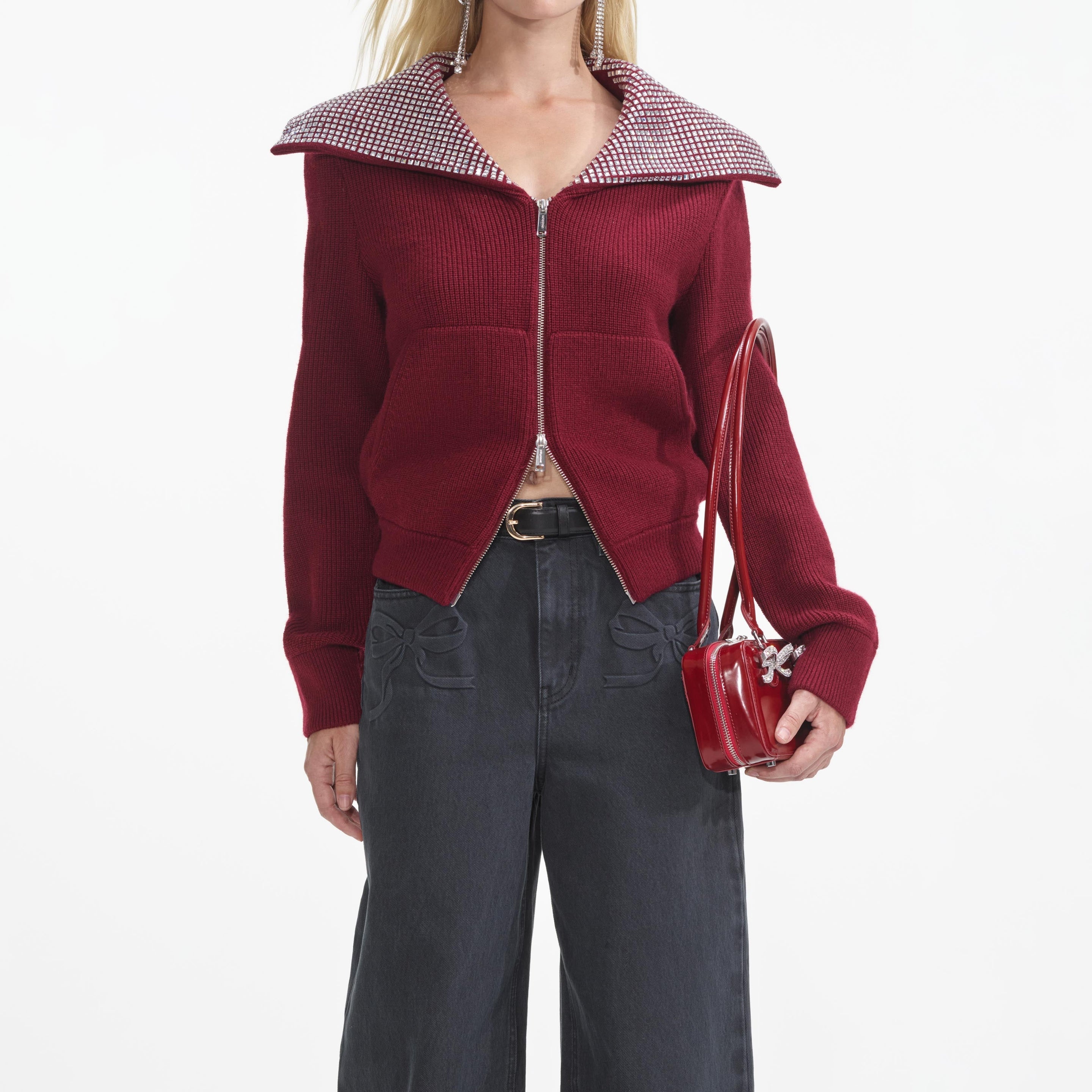 Burgundy Diamante Collar Knit Jacket - 4