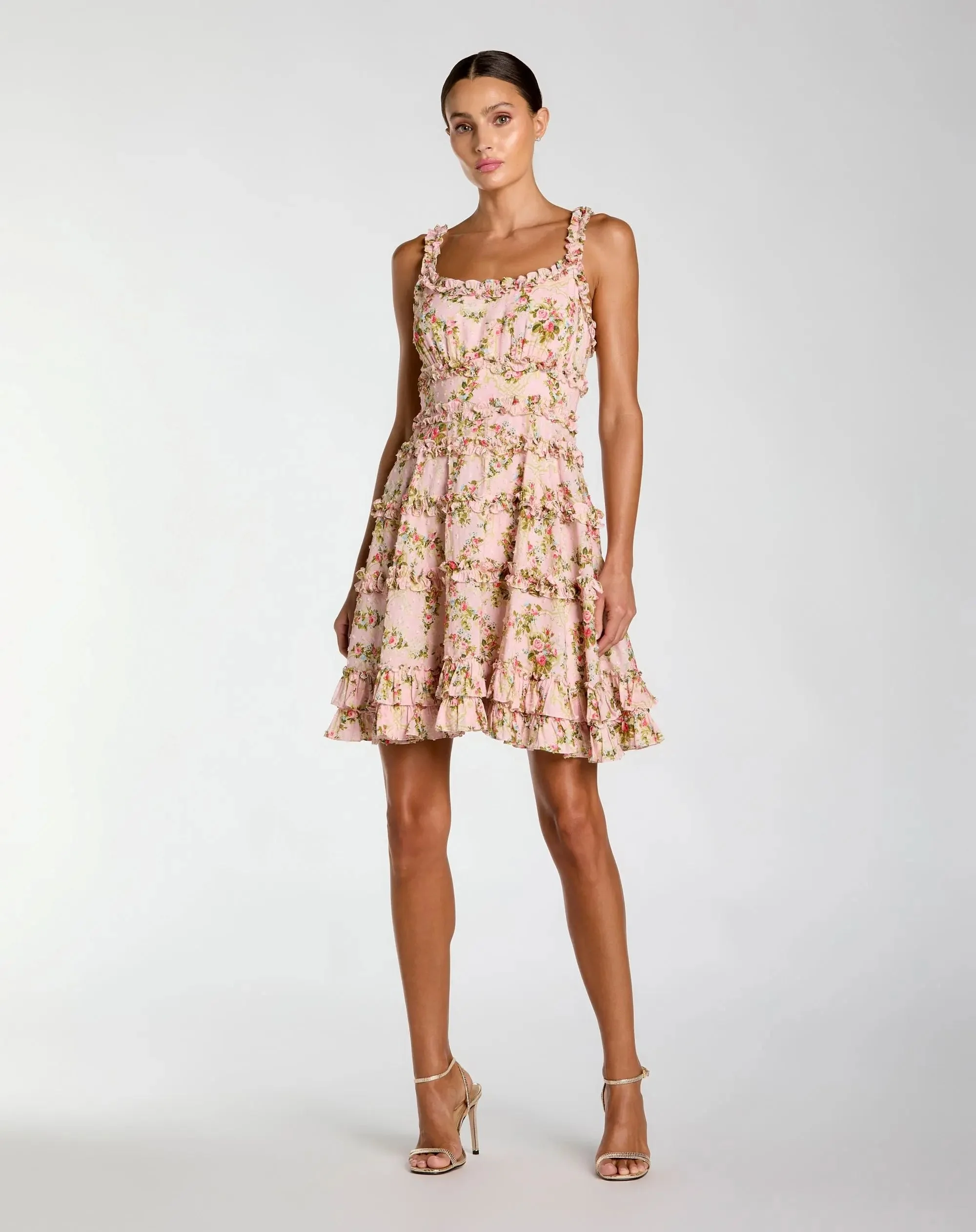 Pink Floral Square Neck Ruffled Cotton Mini Dress - 1
