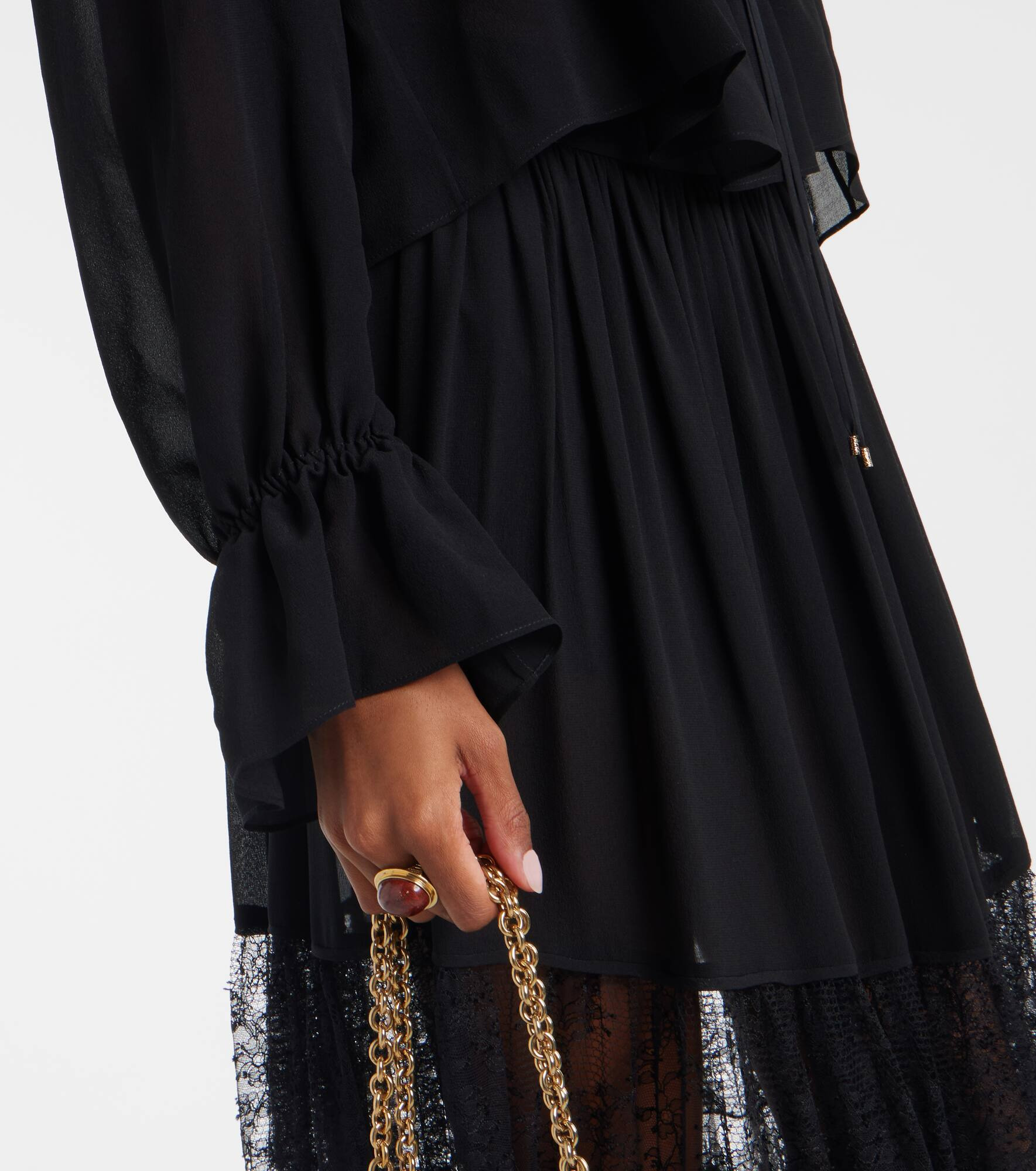 Gathered lace-trimmed silk georgette blouse - 5