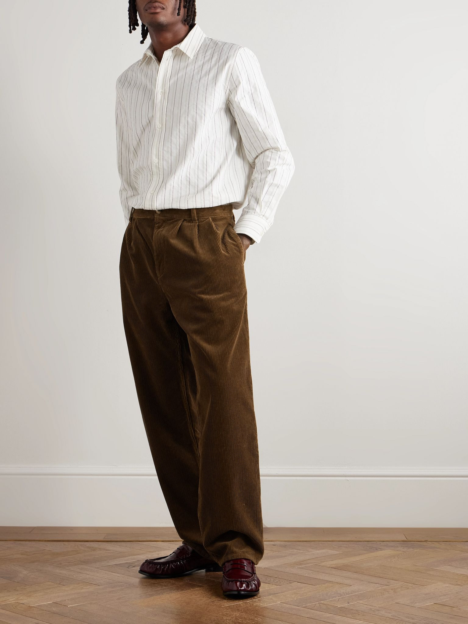 Straight-Leg Pleated Cotton-Corduroy Trousers Brown - 2