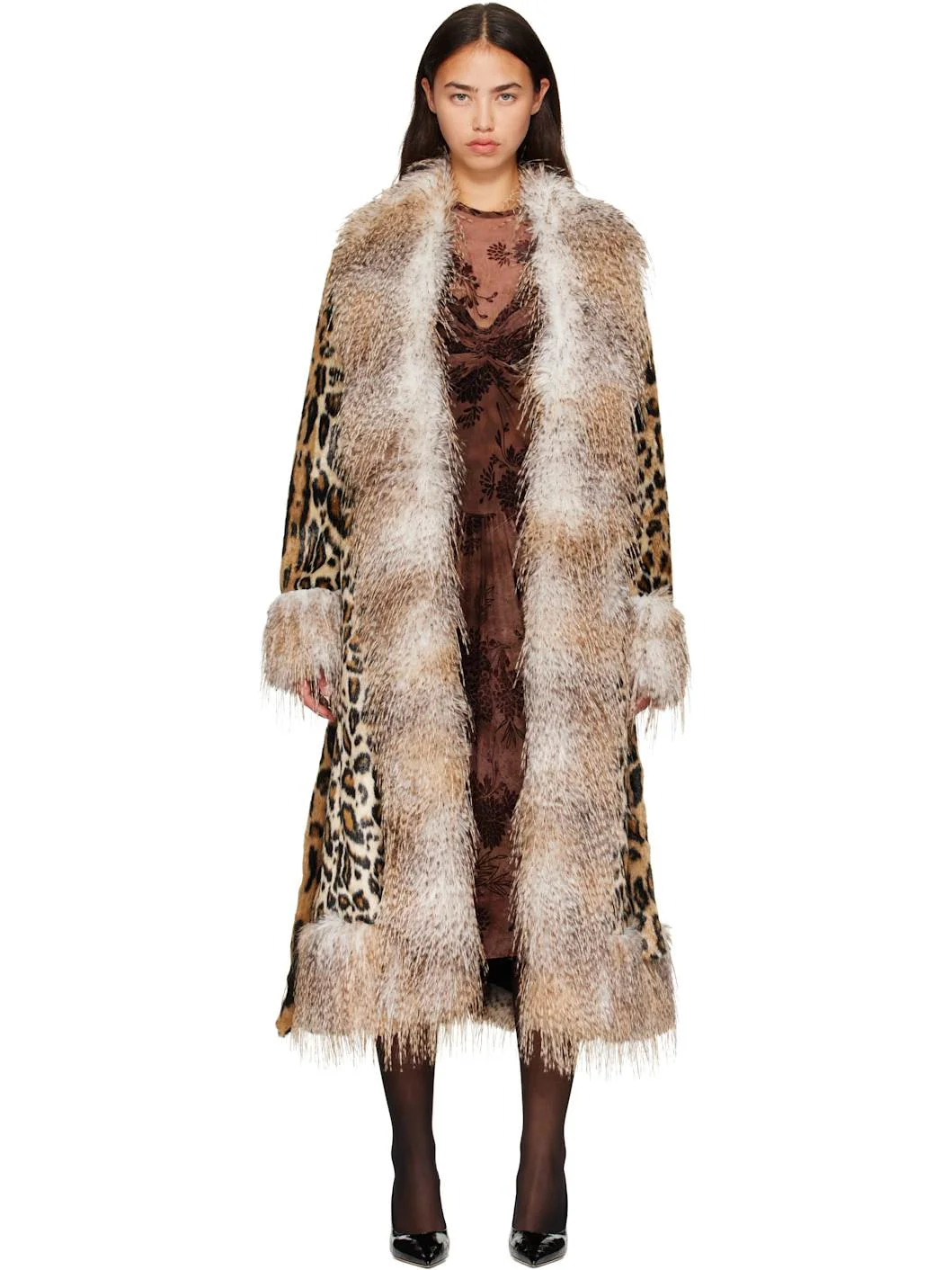 Beige & Brown Belted Faux-Fur Coat - 1