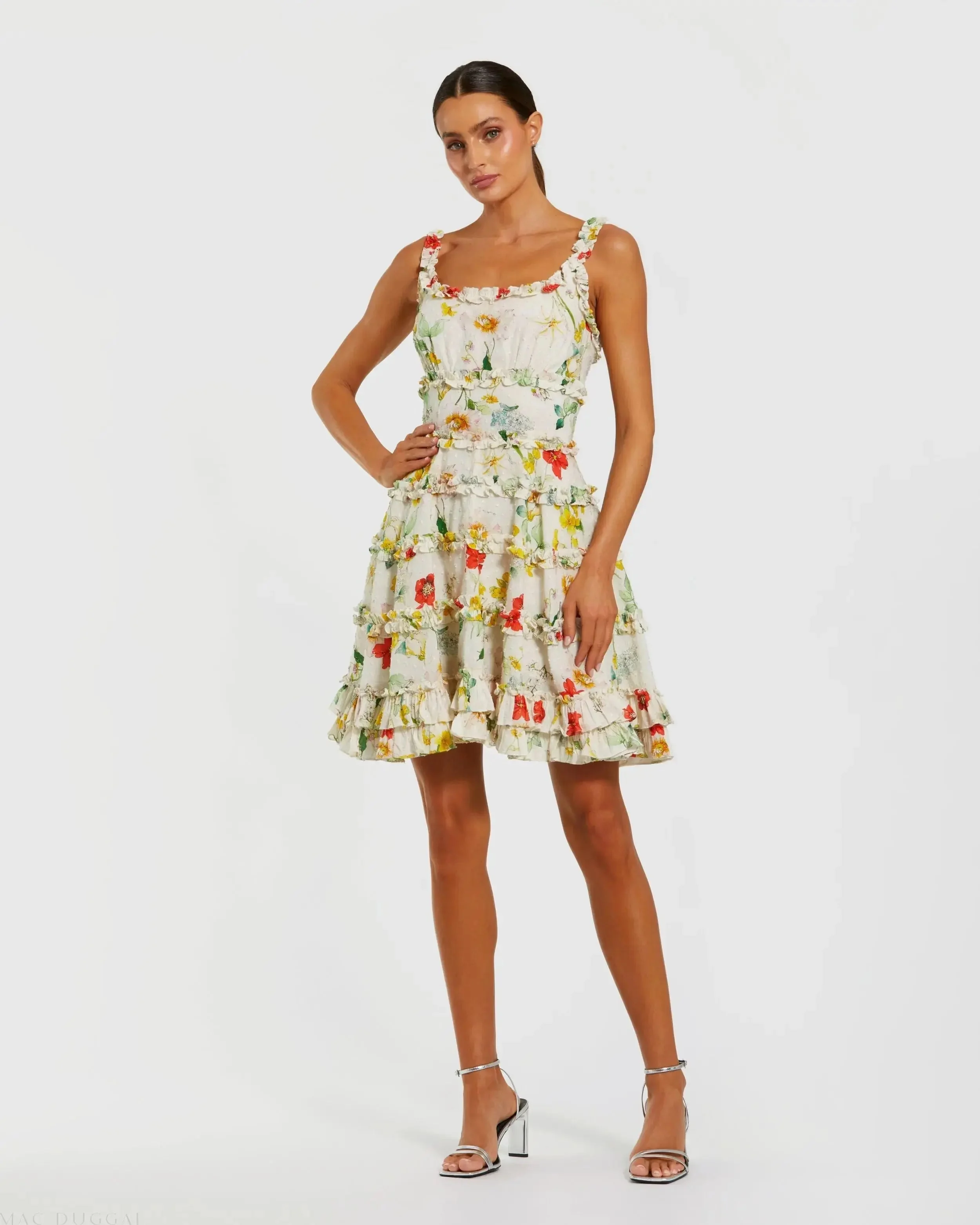Ivory Floral Square Neck Ruffle Mini Dress - 1