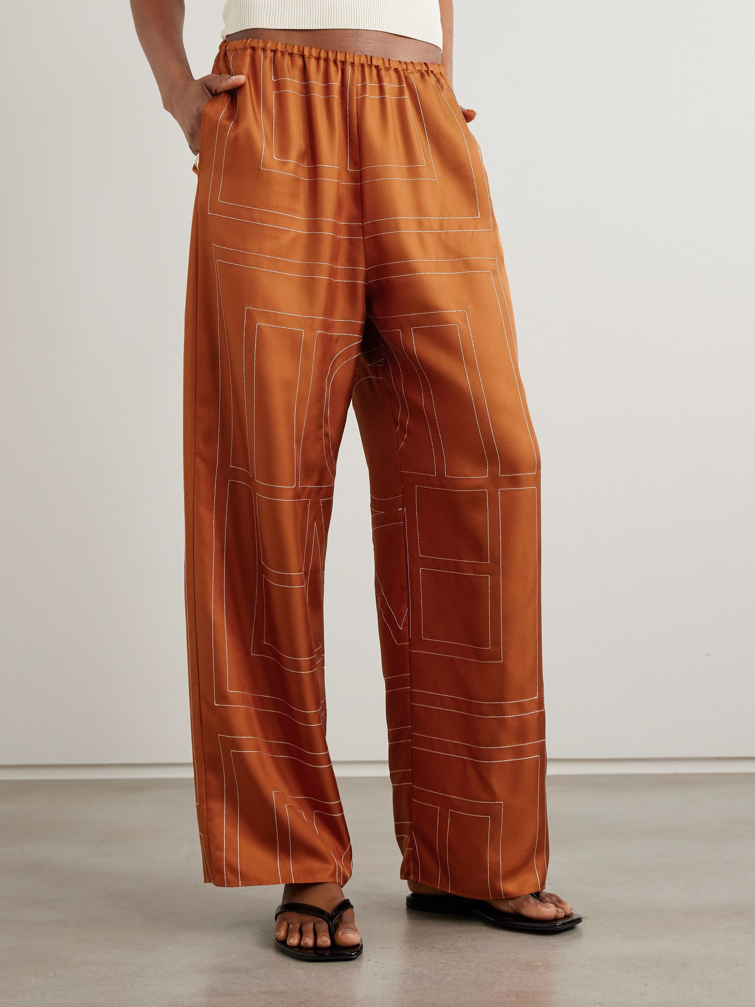 Embroidered silk-twill wide-leg pants Orange - 3