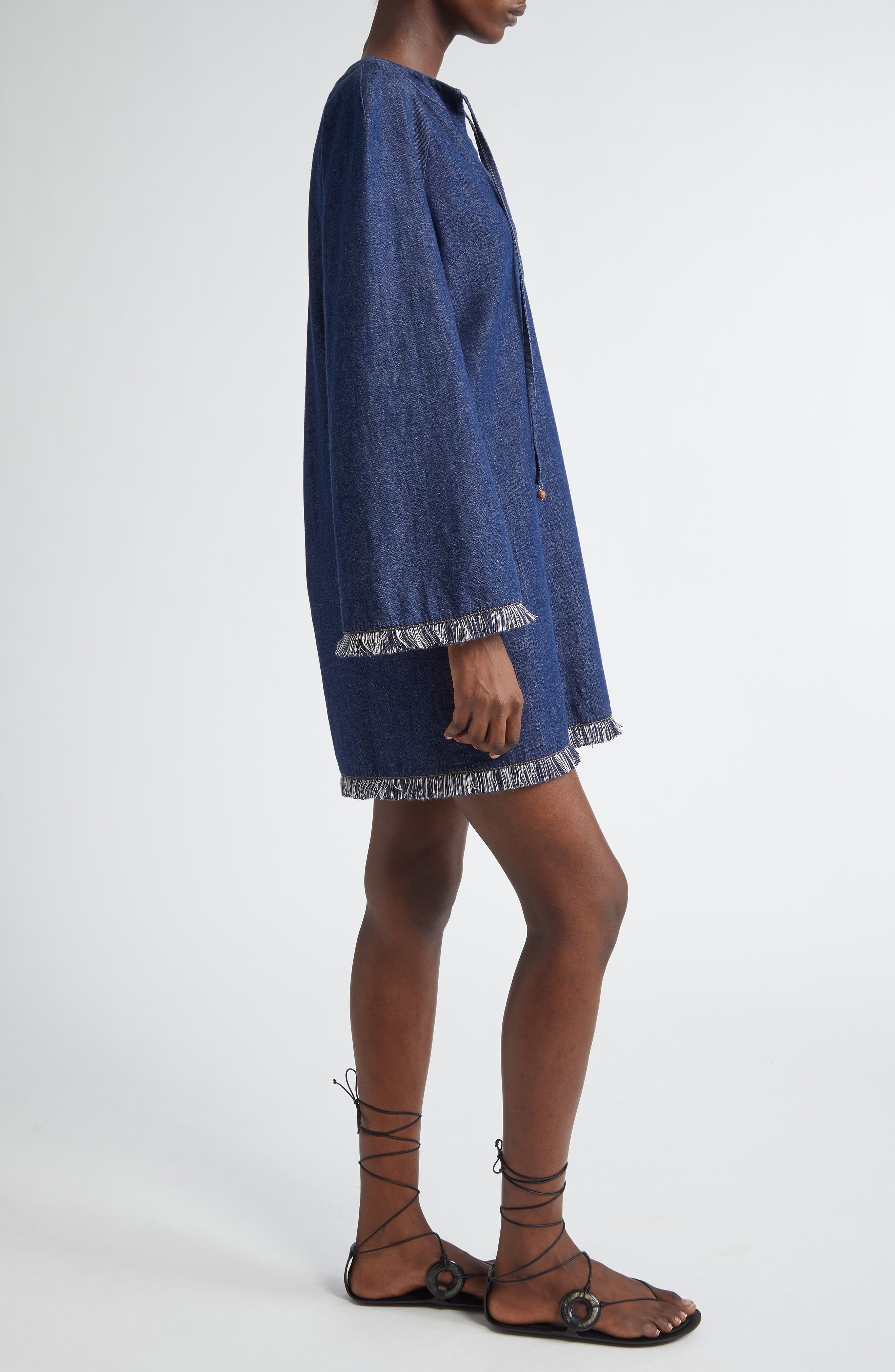 Zimmermann Rhiannon Long Sleeve Fringe Trim Denim Minidress in Atlantic at Nordstrom - 3