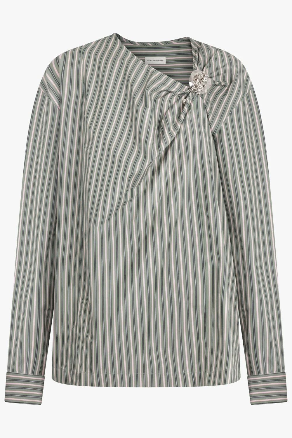 CIJOU STRIPE ASYMMETRICAL KNOT DETAIL L/S BLOUSE | PISTACHIO/PINK - 1