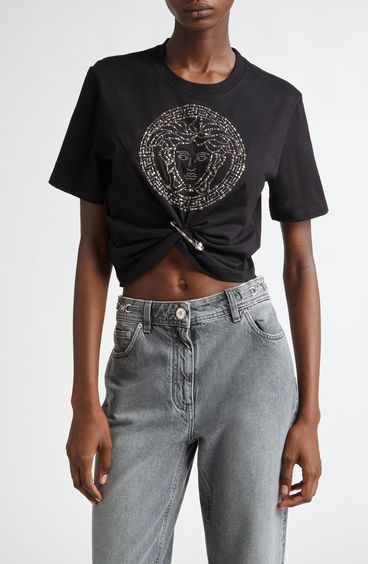 Versace Medusa Embellished Safety Pin Crop Cotton T-Shirt in Black at Nordstrom - 1