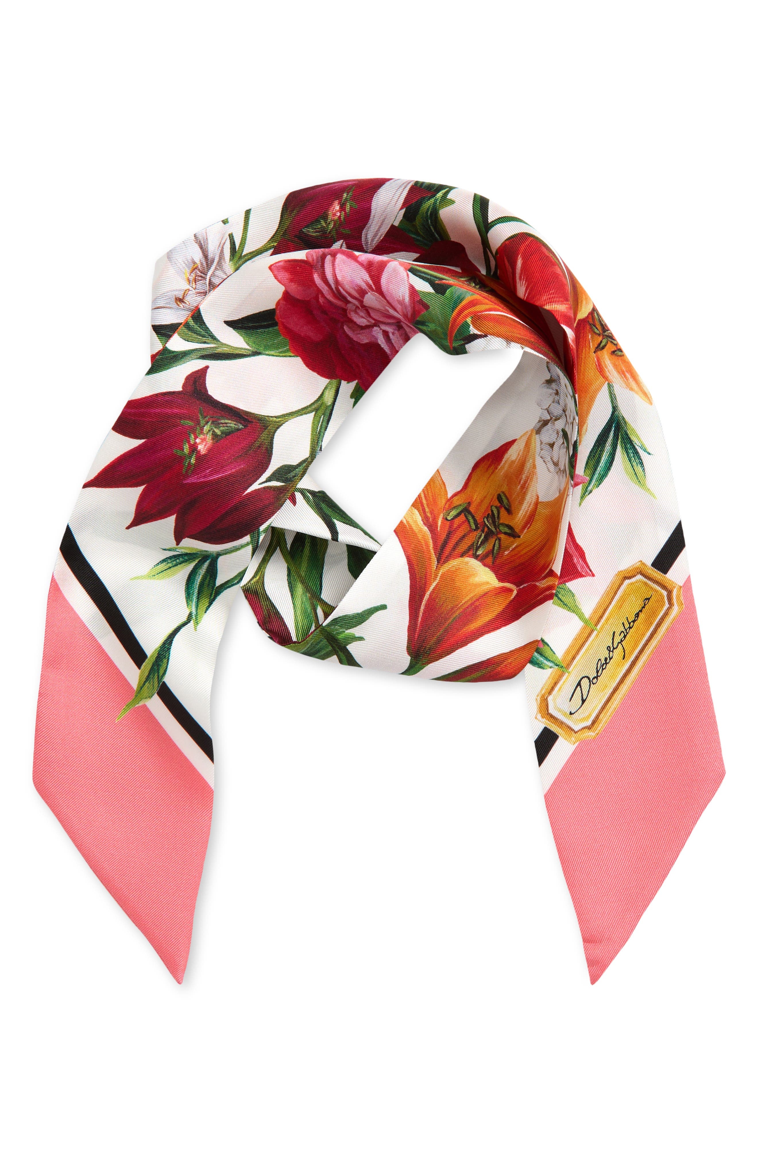 Dolce&Gabbana Floral Silk Twill Skinny Scarf in Ha5Qx Fiori Fdo Bco Nat at Nordstrom - 3
