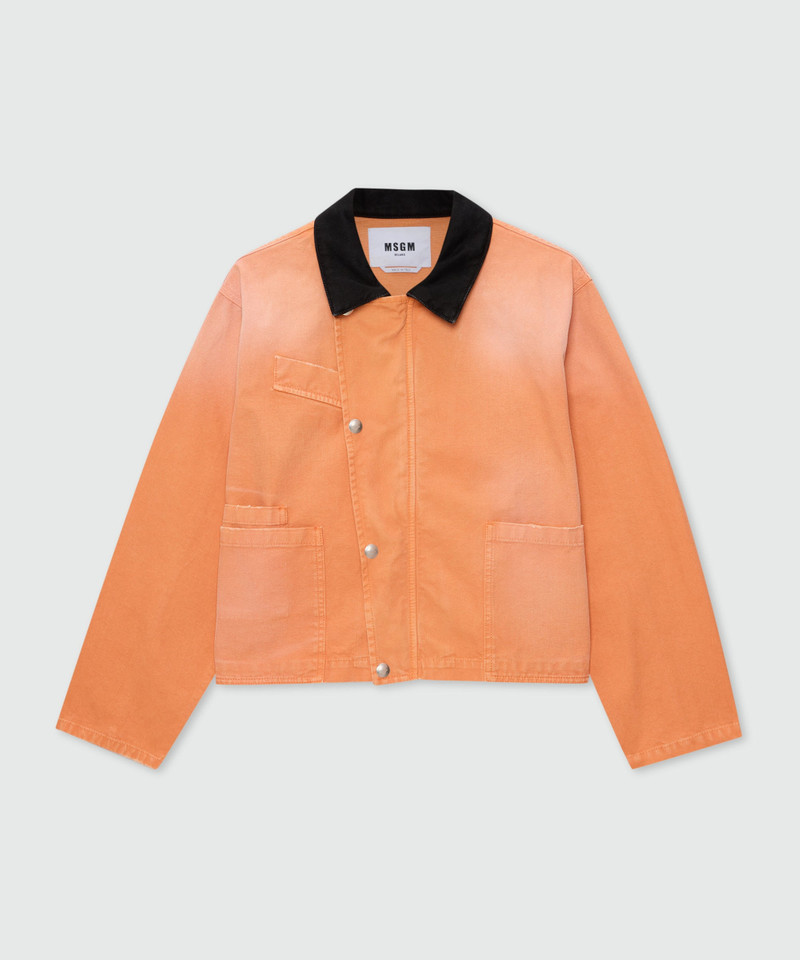 Orange cotton canvas jacket with aged-effect wash and black denim collar 1