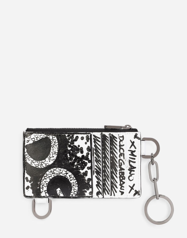 Graffiti-print calfskin card holder with keychain ring - 3