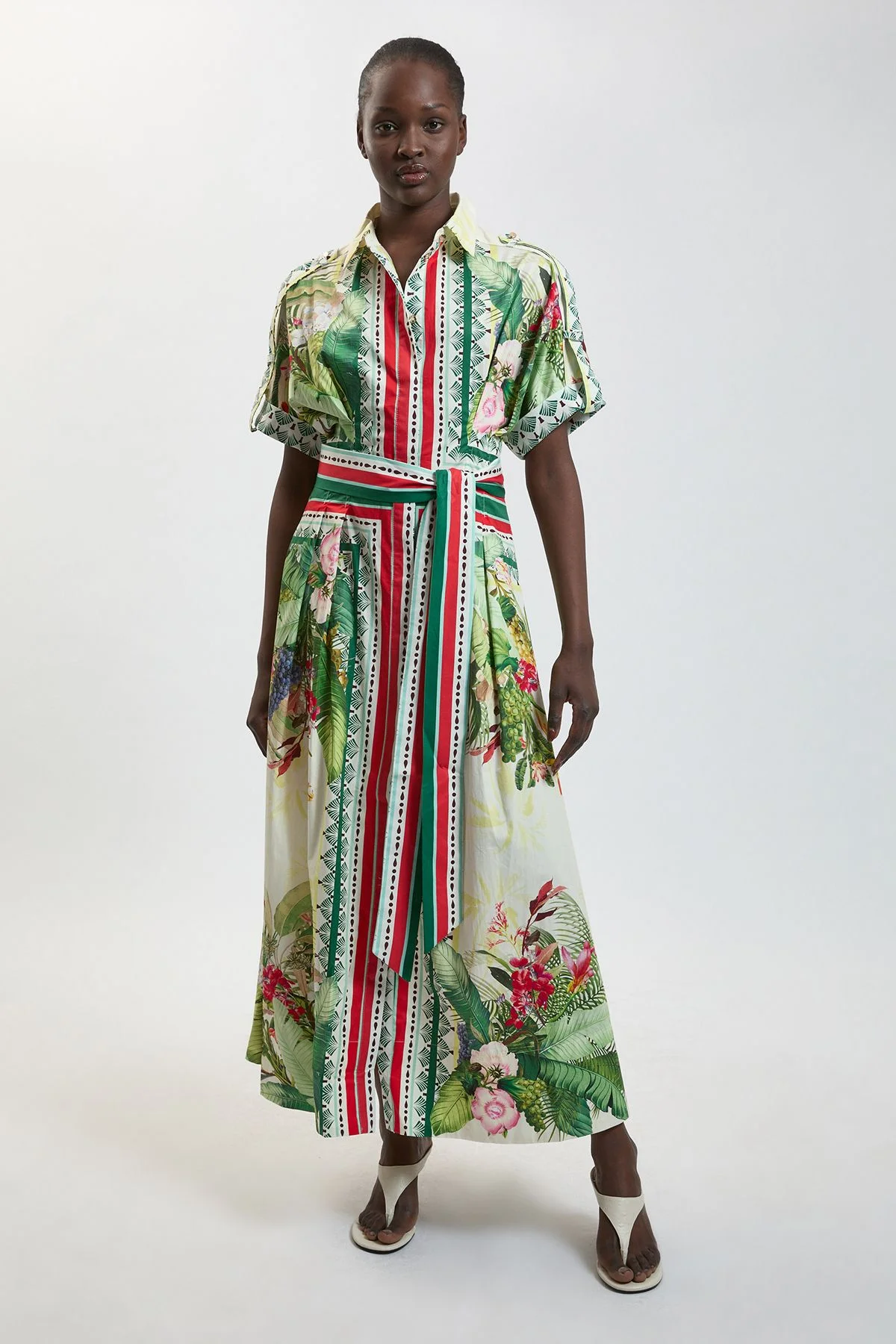 Cotton Sateen Floral Woven Belted Maxi Shirt Dress - 1