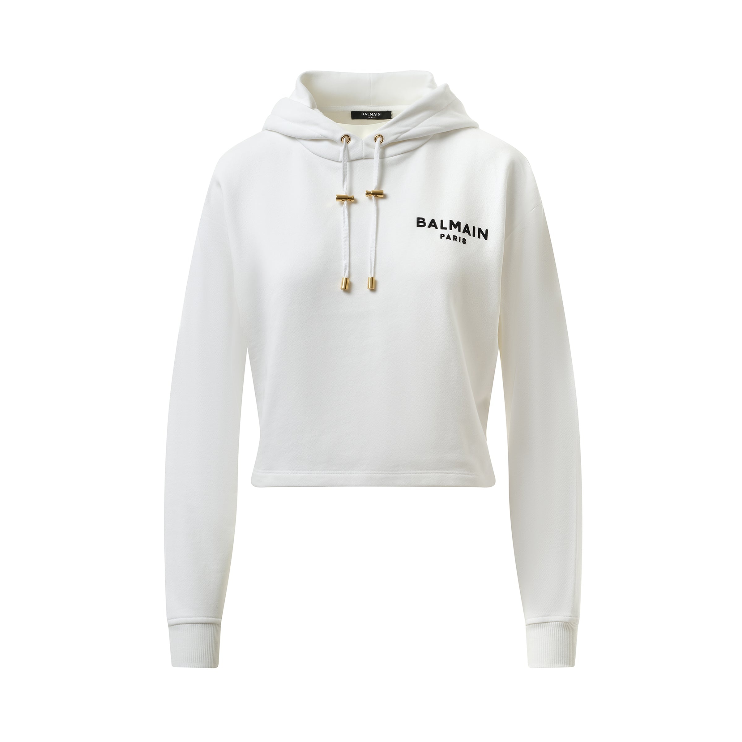 Balmain Flock Detail Cropped Hoodie in White/Black - 2