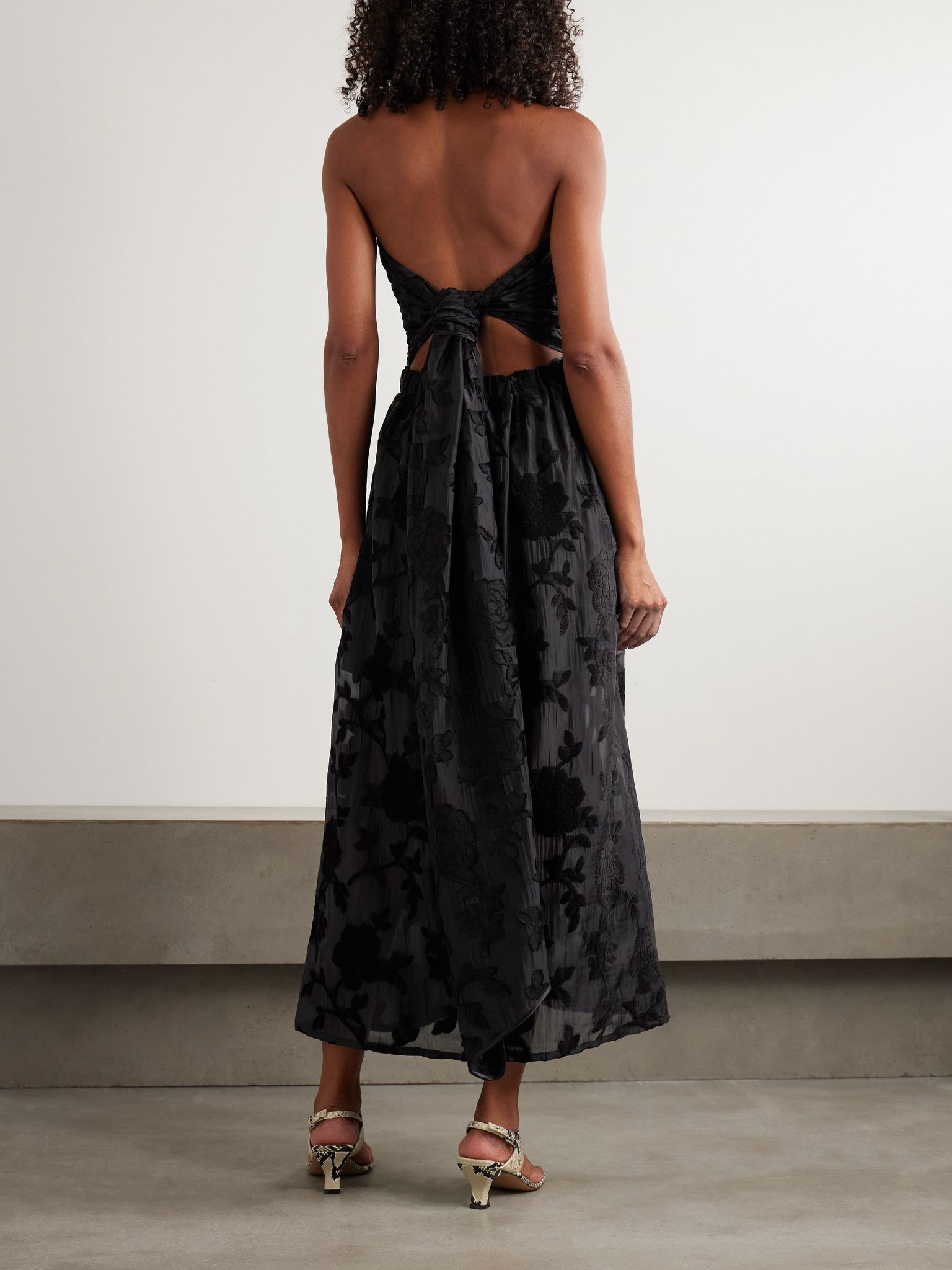 Desideria strapless fil coupé satin and velvet midi dress Black - 3
