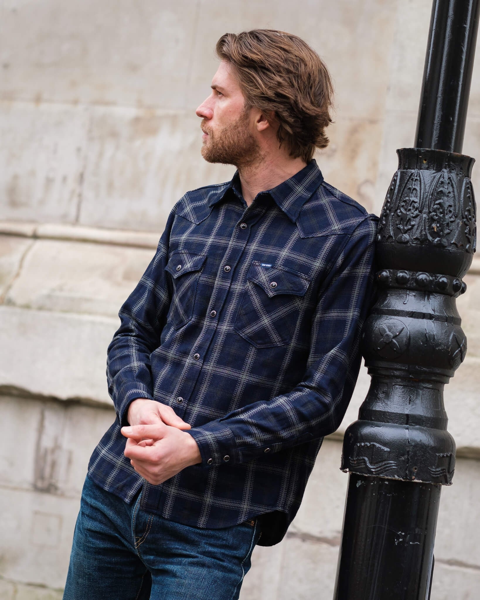 IHSH-411-BLK 9oz Selvedge Indigo Check Flannel Western Shirt - Black - 4