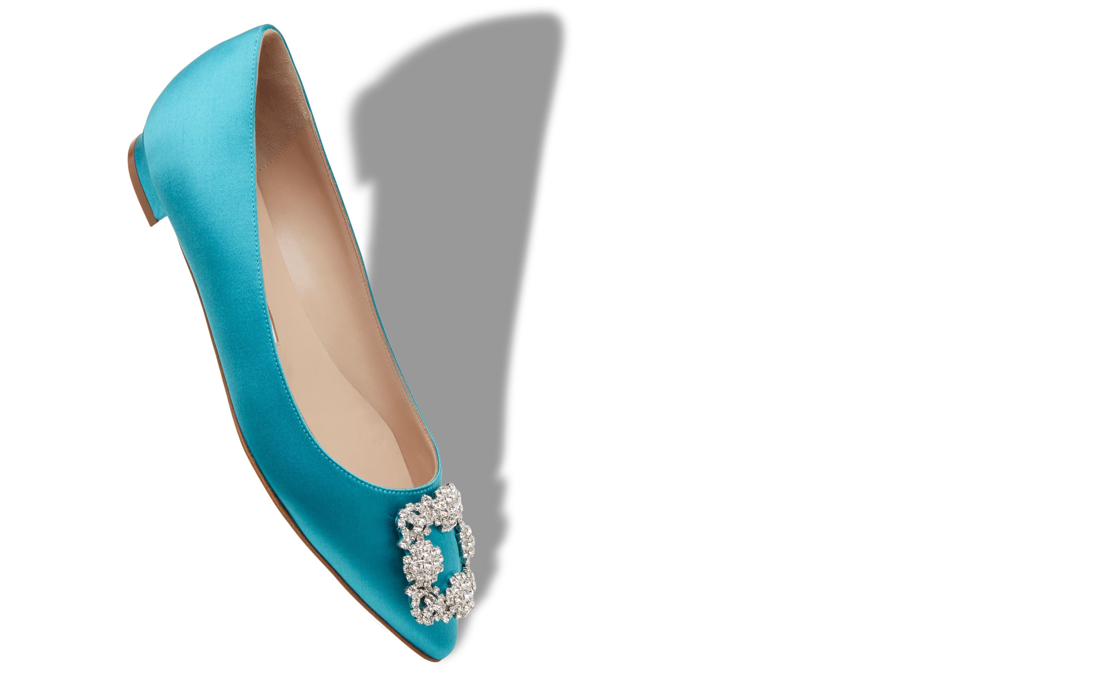 Turquoise Satin Jewel Buckle Flat Shoes - 2