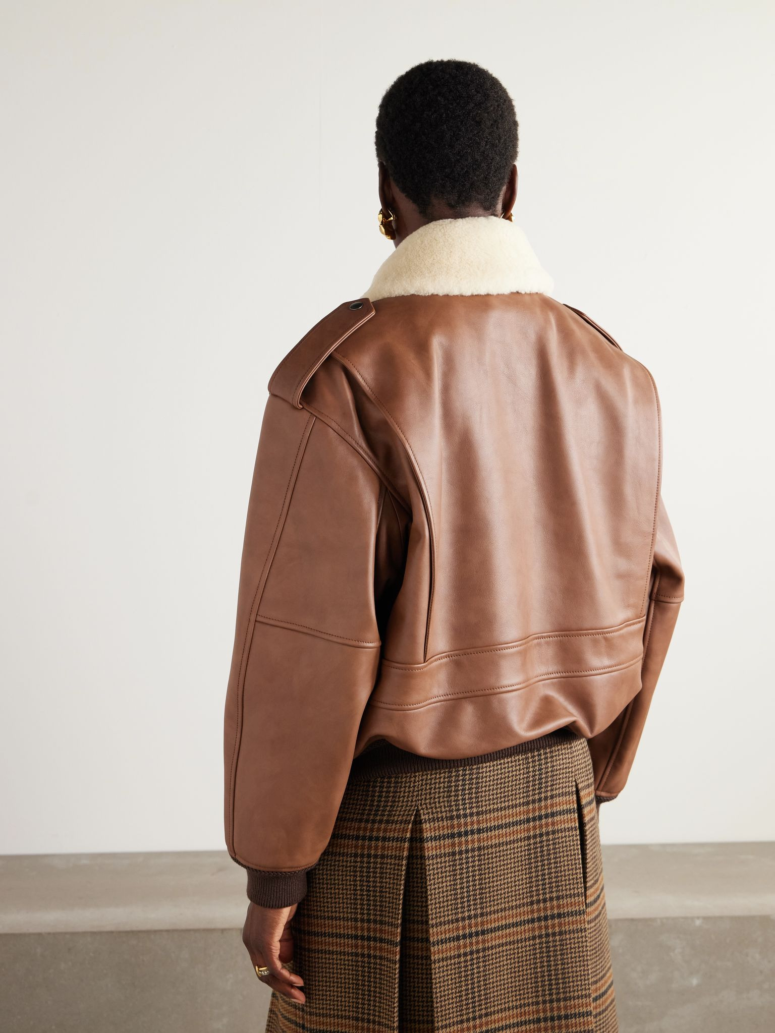 Shearling-trimmed leather jacket Brown - 3