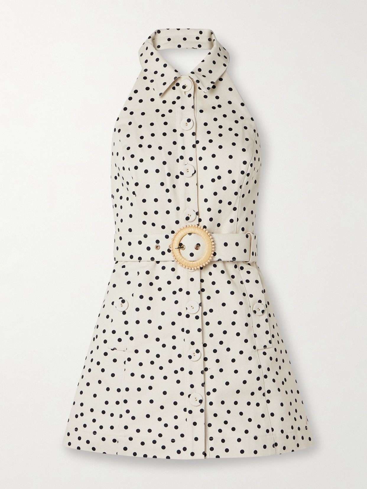 Parker Belted Polka-dot Denim Halterneck Mini Dress - 1