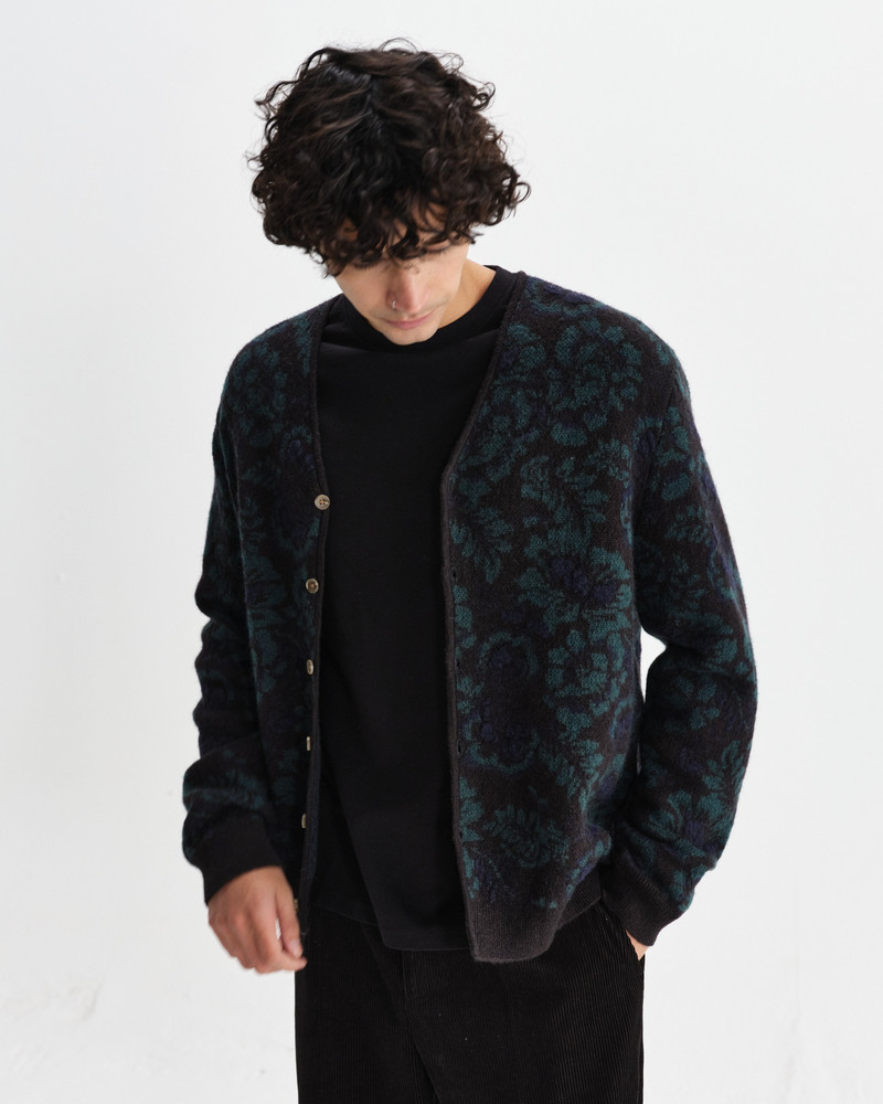Wax London Alban - Black And Green Floral Textured Jacquard Cardigan outlook