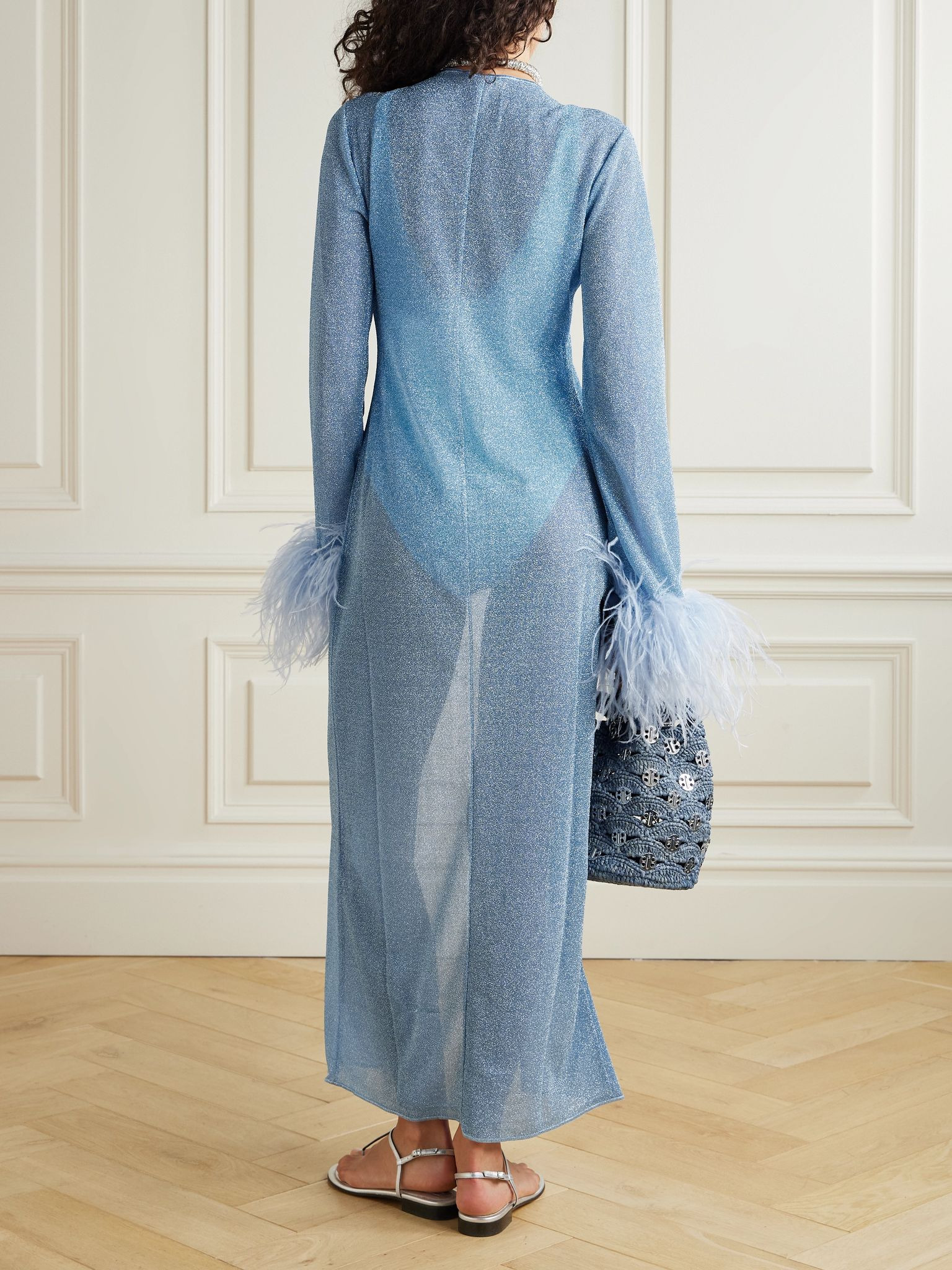 Lumière feather-trimmed metallic stretch coverup Light blue - 3