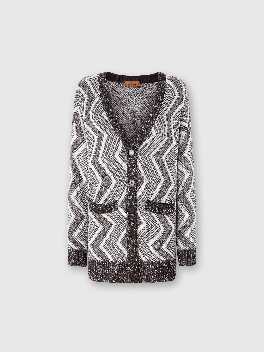 Oversized cardigan with macro zig zag and sequins - 1