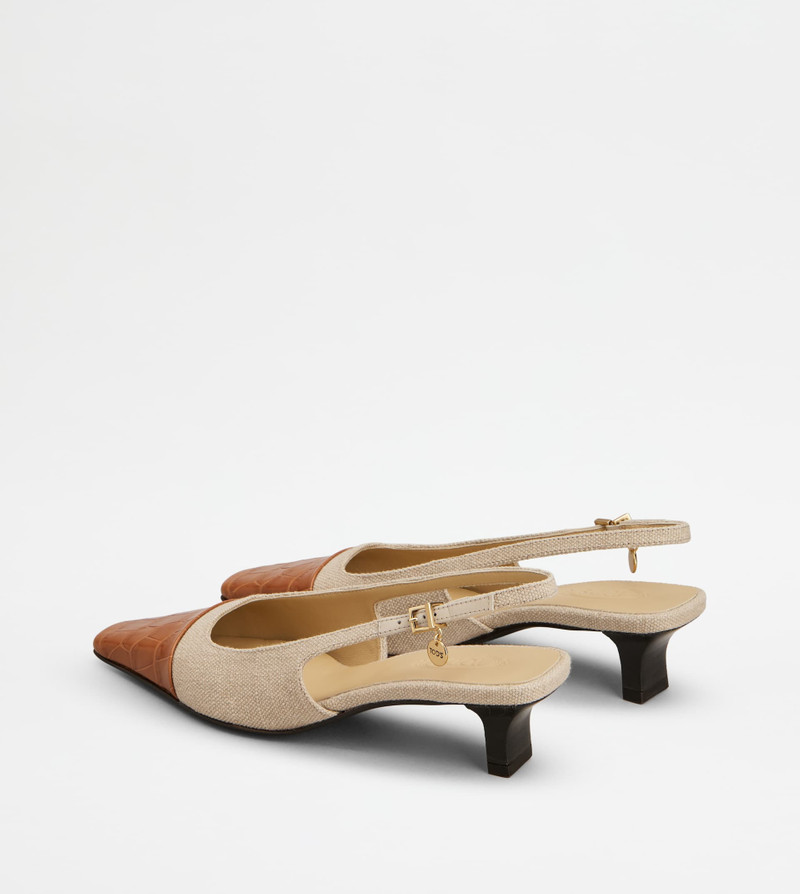 Tod's SLINGBACK PUMPS IN CANVAS AND LEATHER - BEIGE, BROWN outlook