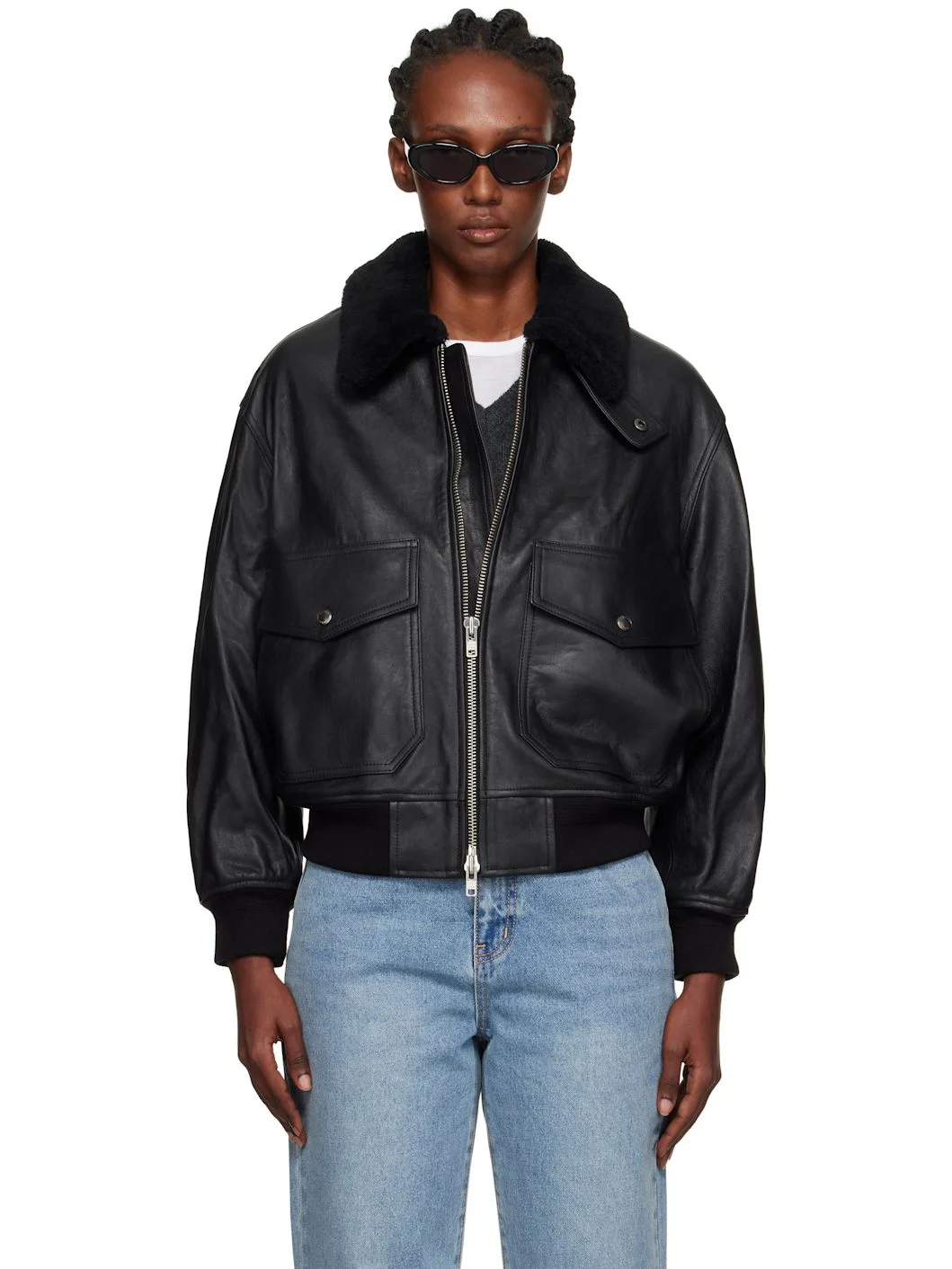 Black A-2 Shearling Collared Leather Jacket - 1