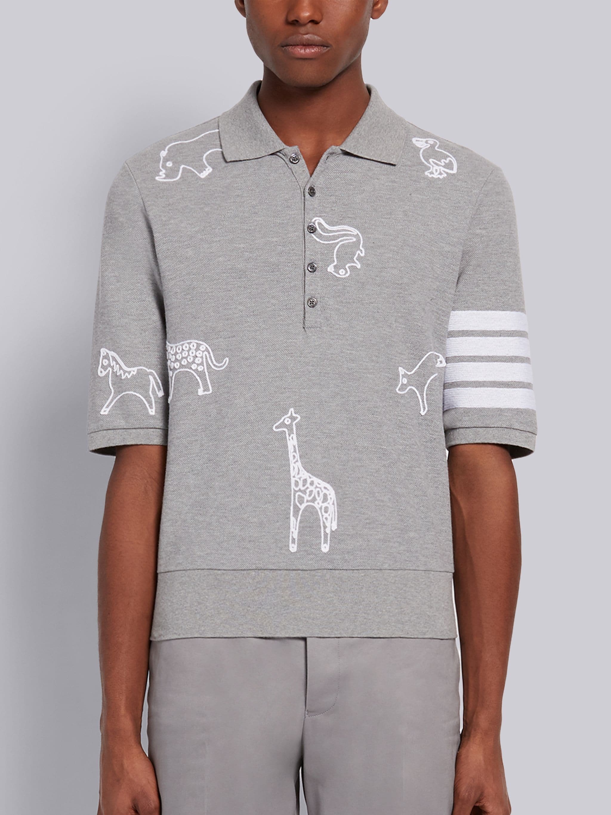 Light Grey Cotton Pique Multi-Animal Icon V-Neck 4-Bar Polo - 1