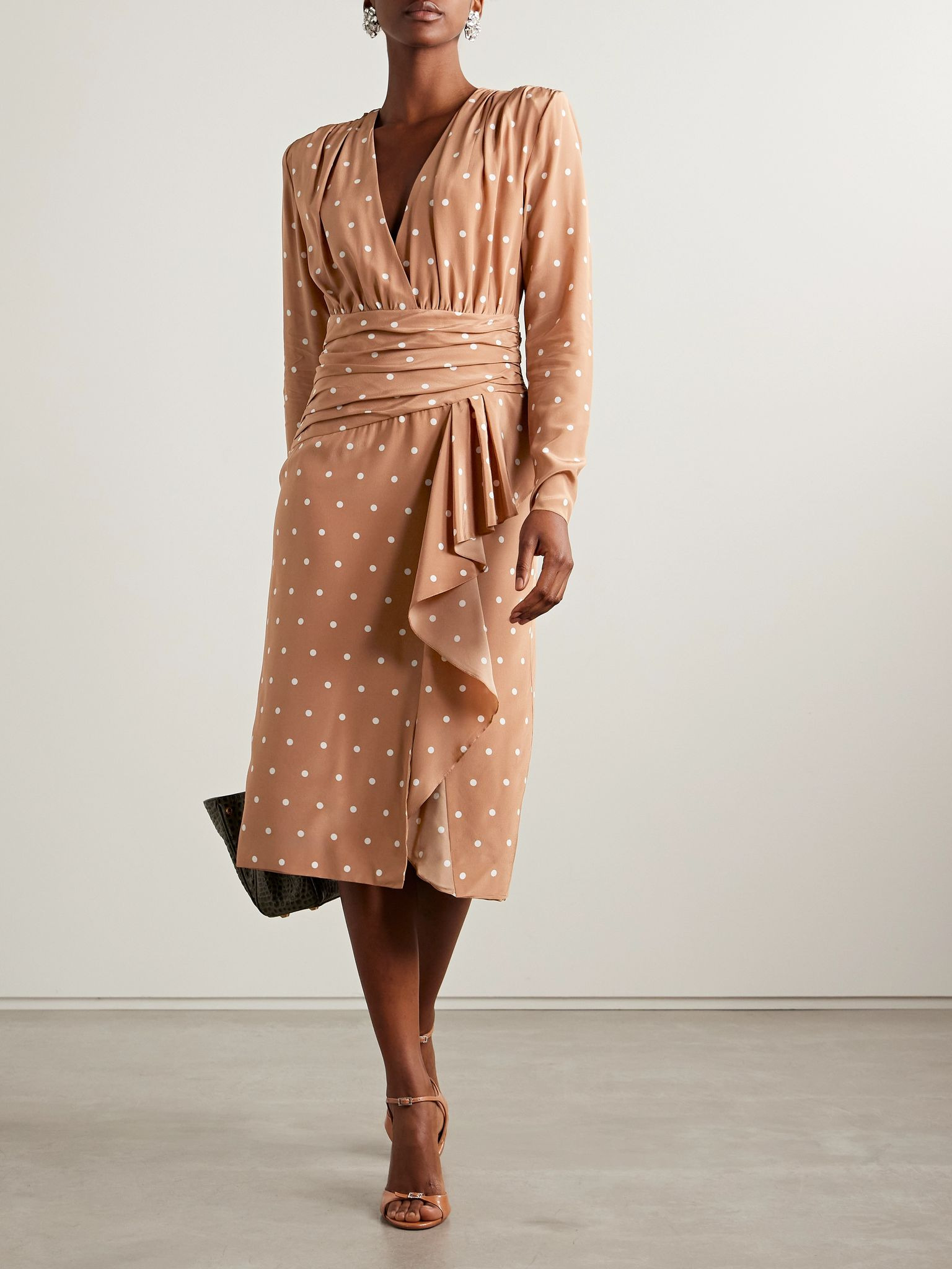 Gathered polka-dot silk crepe de chine midi dress Camel - 2