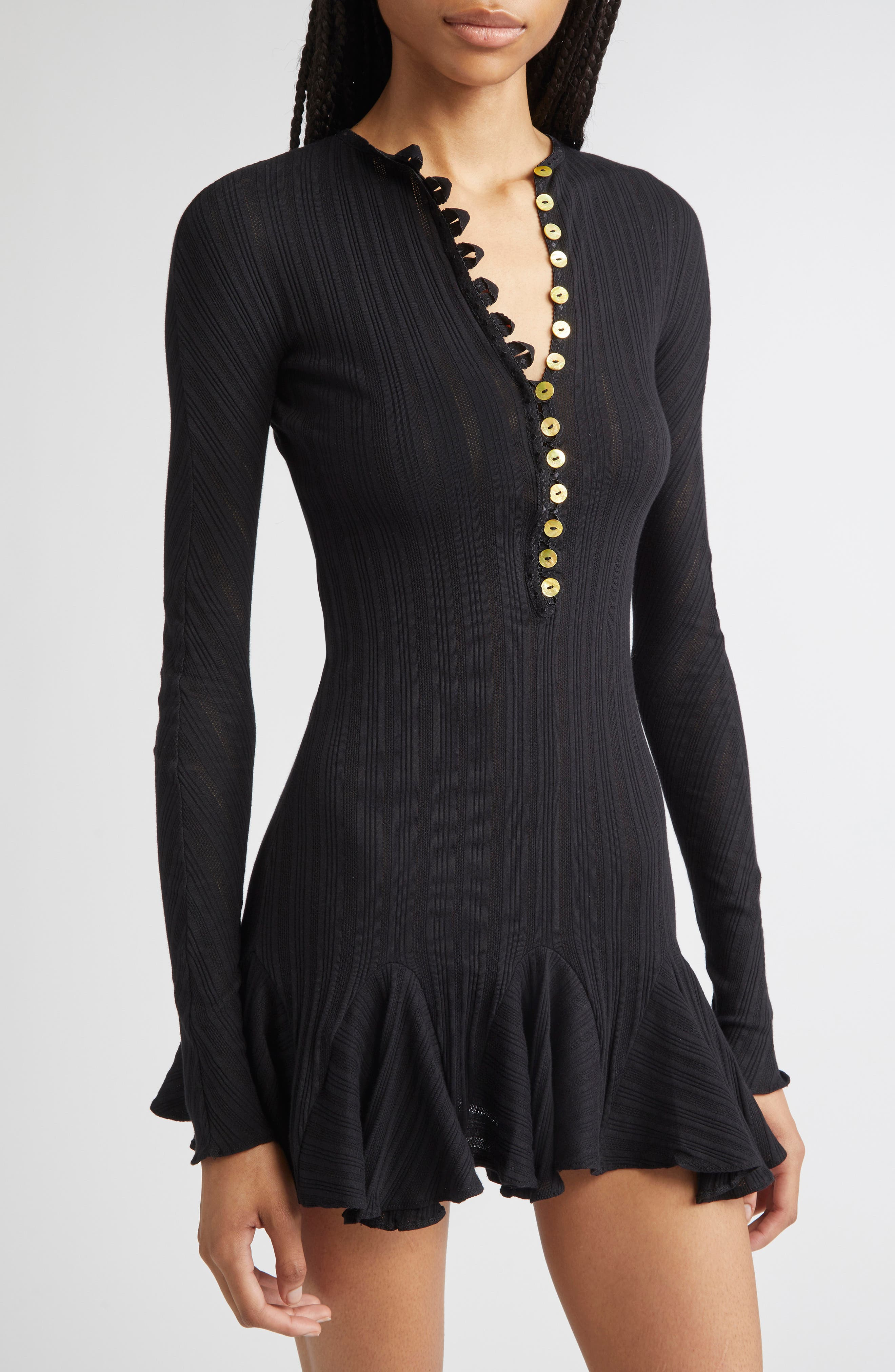 CONNER IVES The Pointelle Henley Long Sleeve Organic Cotton Minidress in Black at Nordstrom - 4