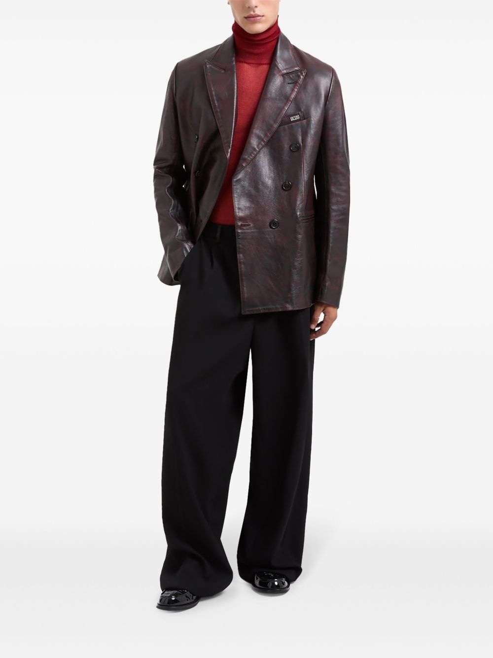 leather double-breasted blazer - 2