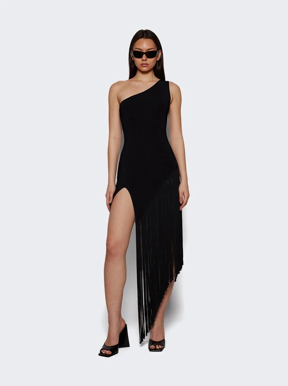 side fringe detail asymmetric cut knit dress Black