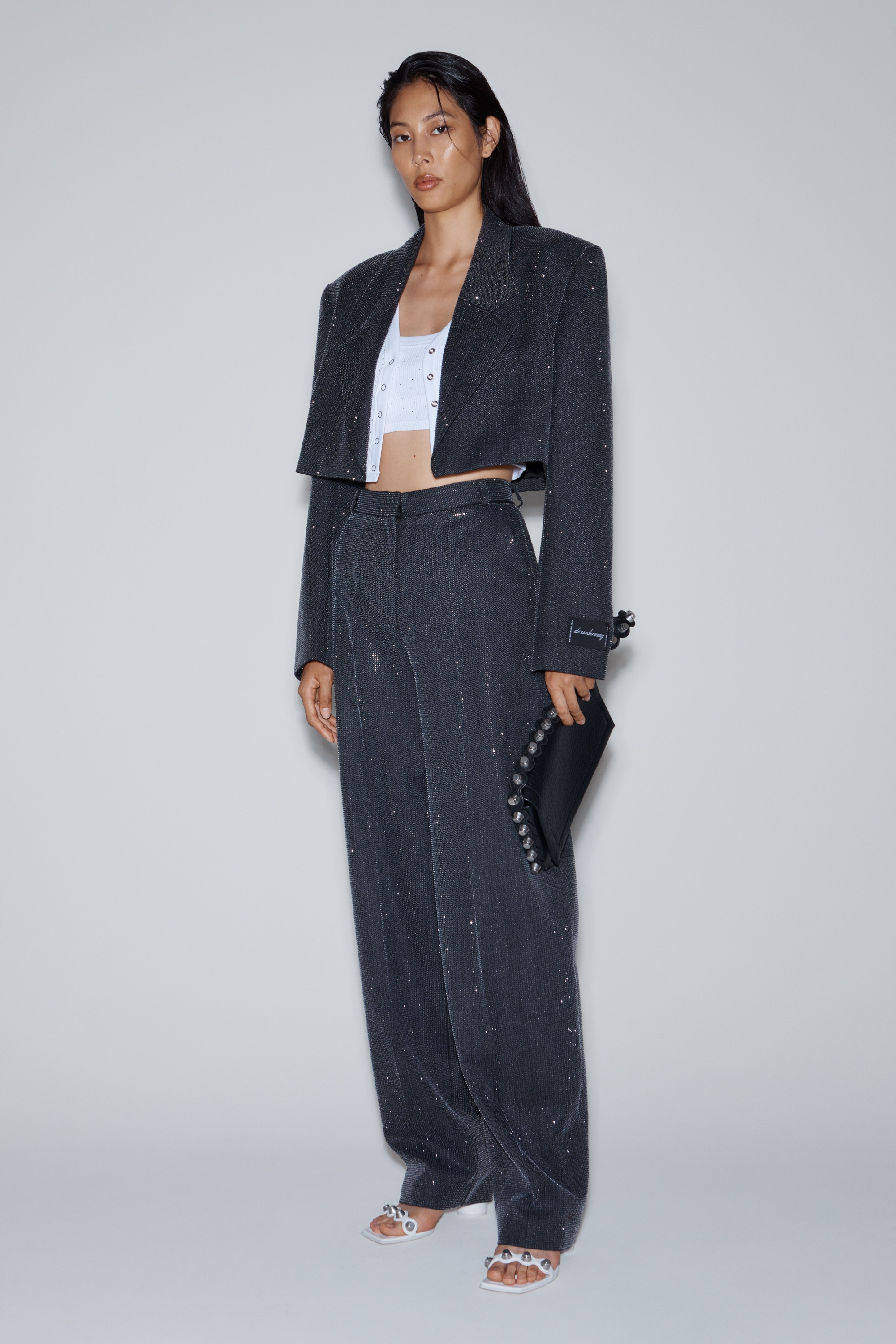 High Waist Pant in Wool Twill with Clear Bead Hotfix - 3