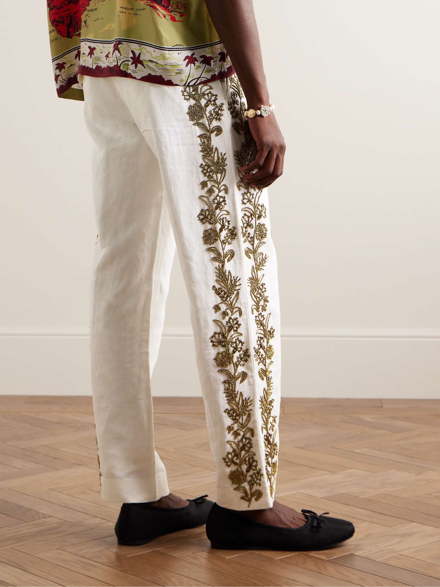 Wheat Flower Straight-Leg Beaded Linen and Cotton-Blend Twill Trousers - 4