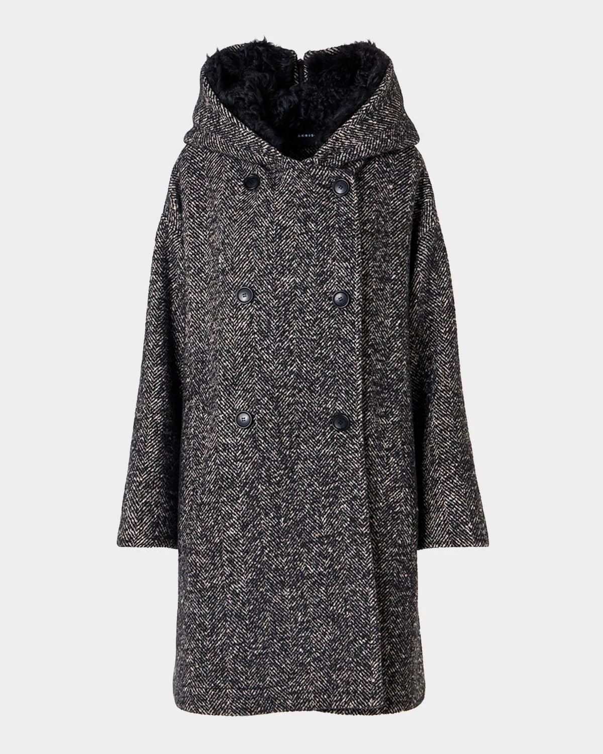 Lamb Shearling Collar Double-Breasted Wool Herringbone Coat - 1