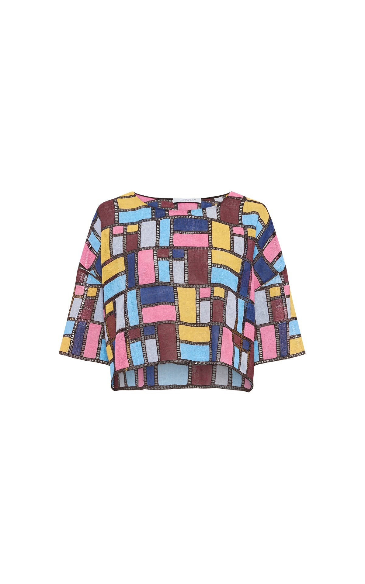 Tatia Patchwork Embroidered Cropped Top in Aurora Multi Linen - 1