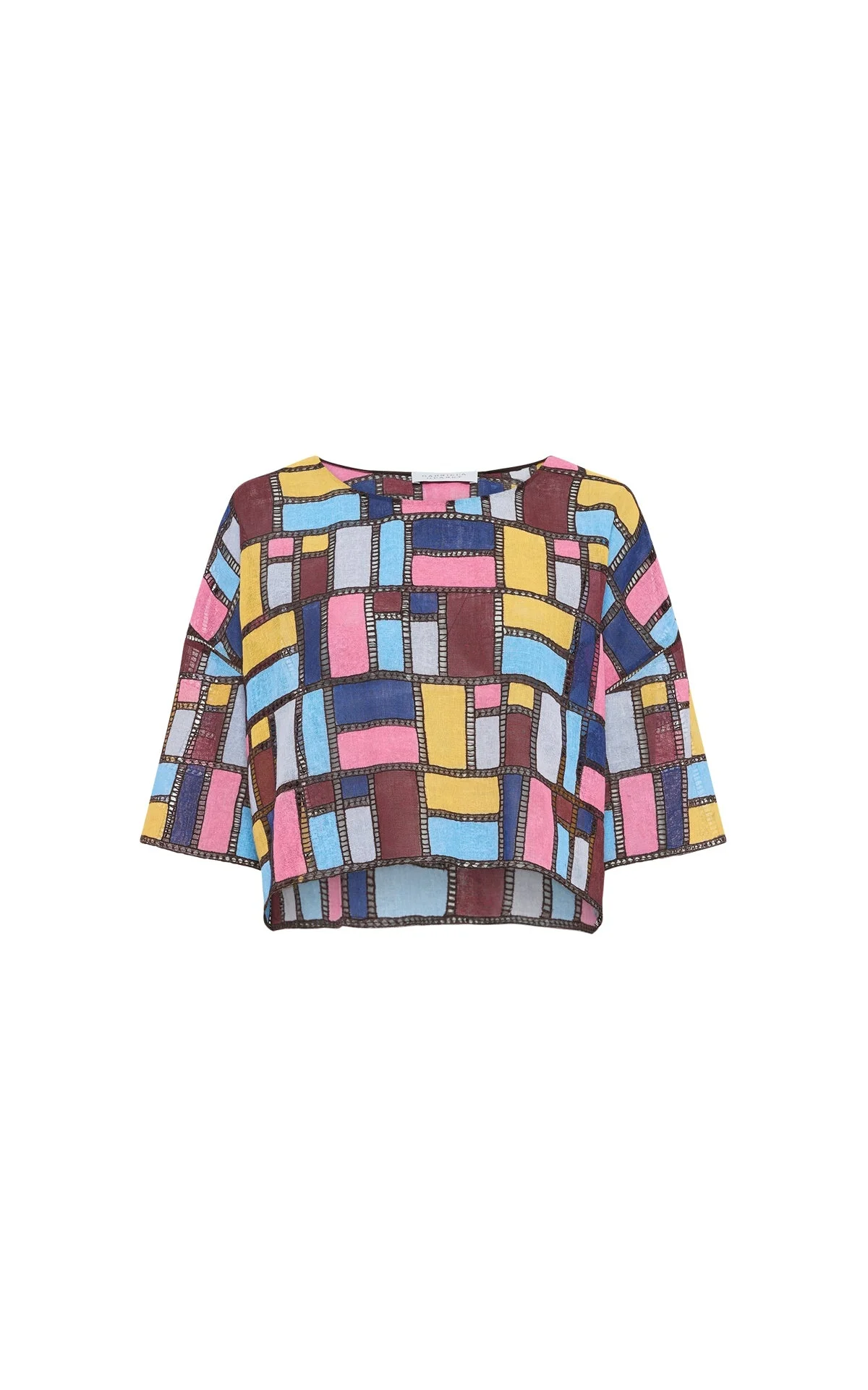 Tatia Patchwork Embroidered Cropped Top in Aurora Multi Linen - 1