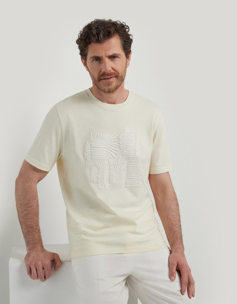 Canali CREAM COTTON JERSEY T-SHIRT WITH RIBBED COLLAR AND GRAPHIC EMBROIDERY outlook
