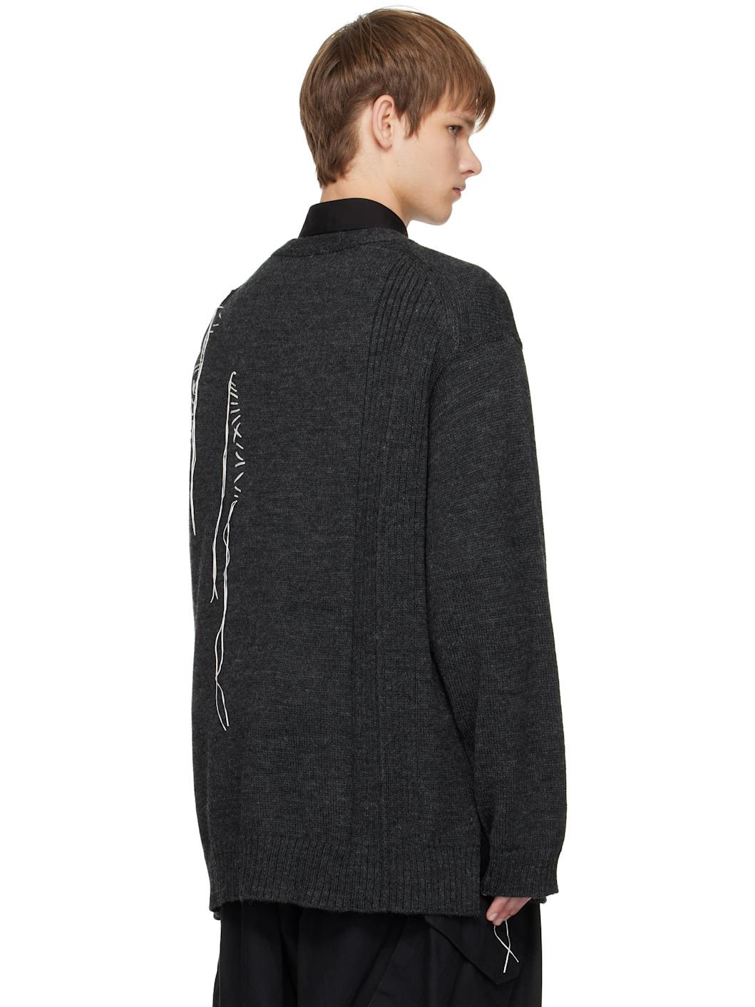 Gray Plain Stitch Embroidery V Neck Cardigan - 3