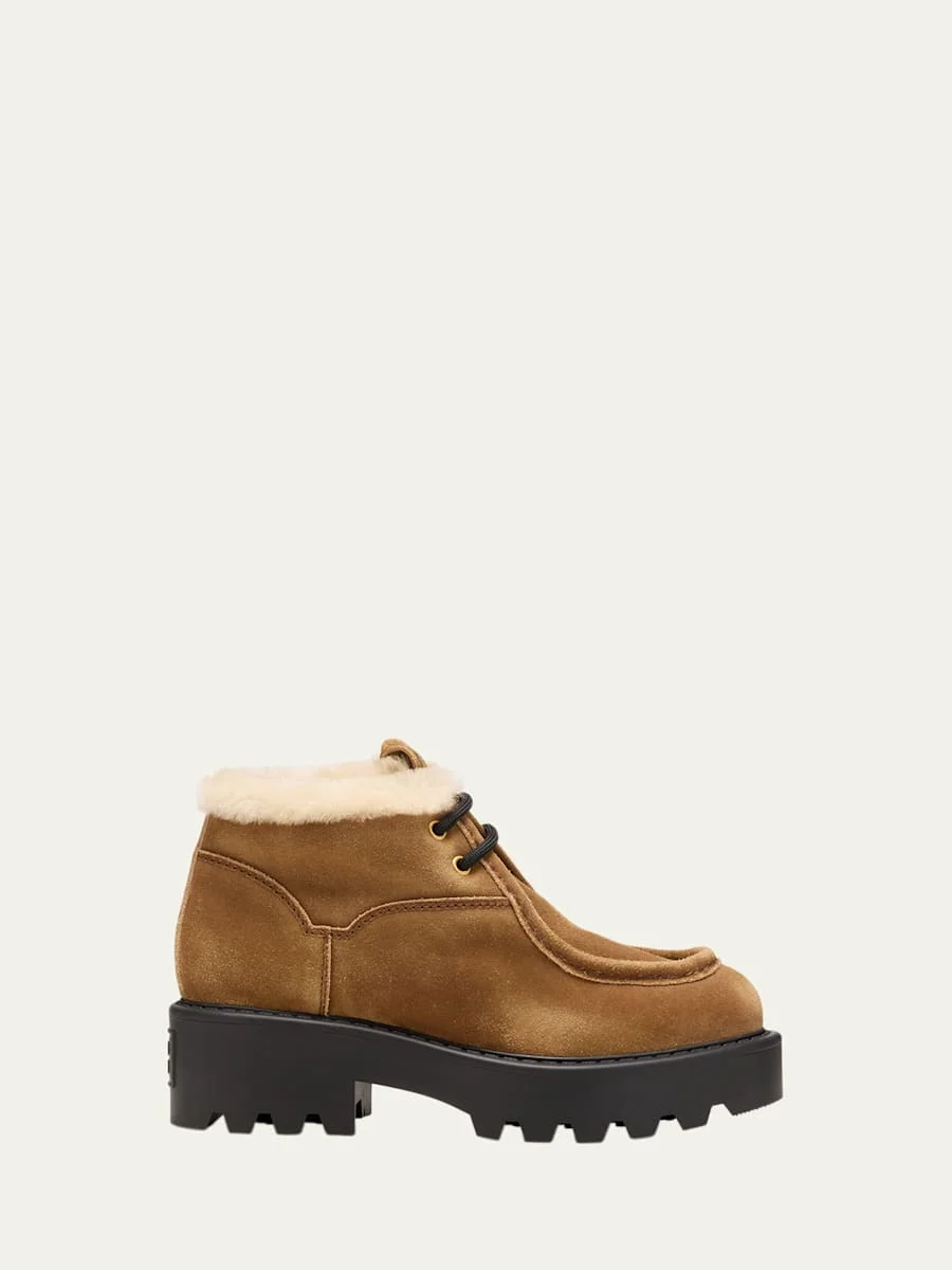 Suede Shearling Lace-Up Chukka Booties - 1
