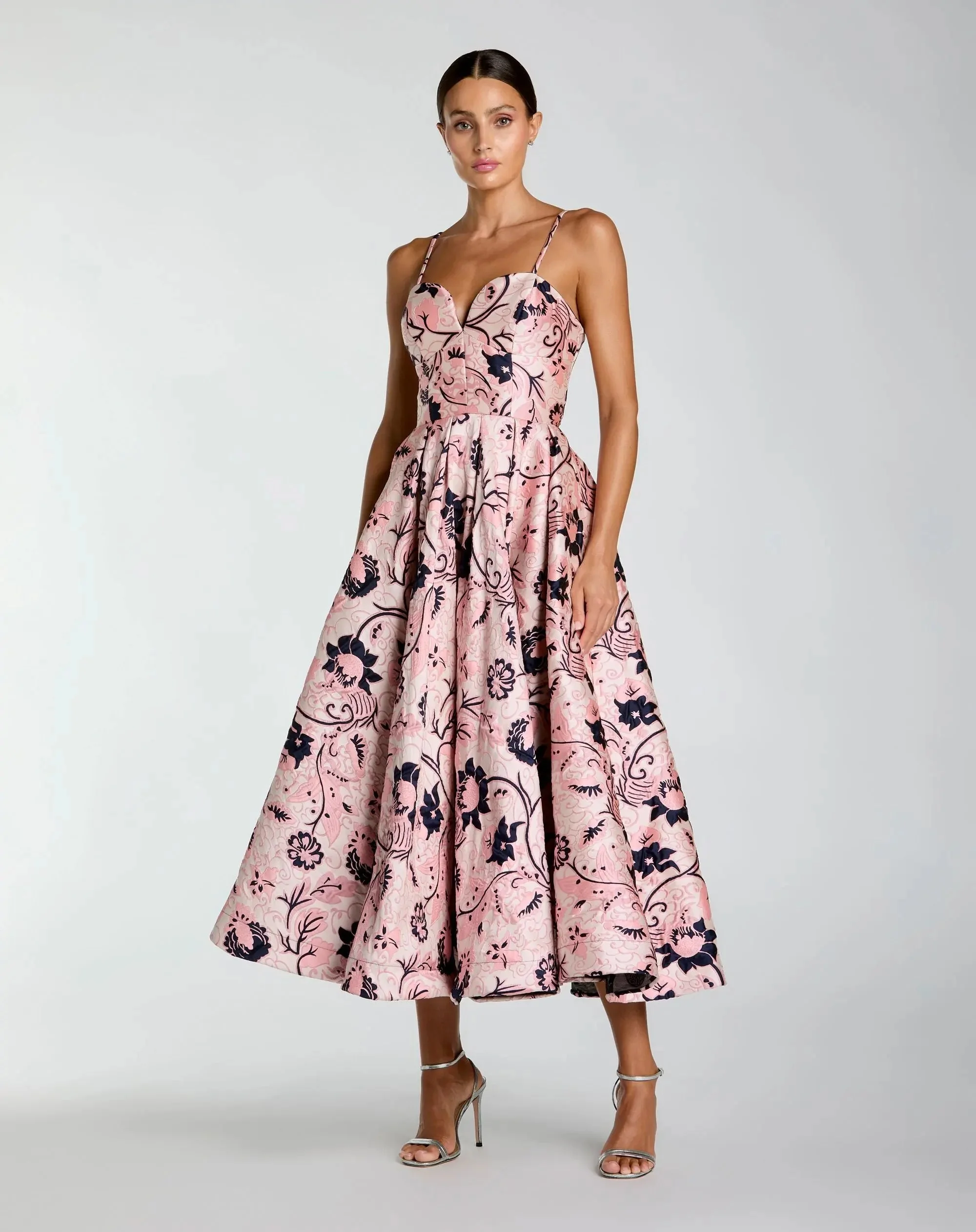 Pink Brocade Sweetheart Neck A-Line Midi Dress - 1