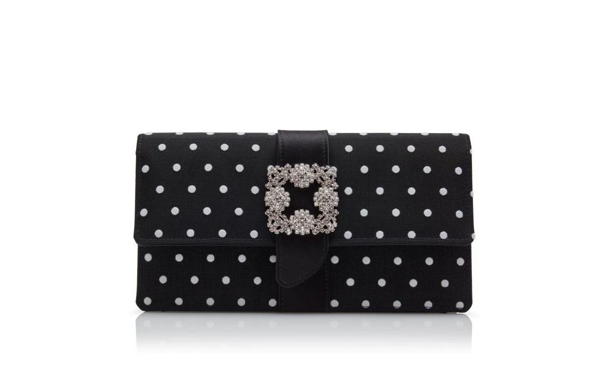 Black and White Satin Jewel Buckle Clutch - 1