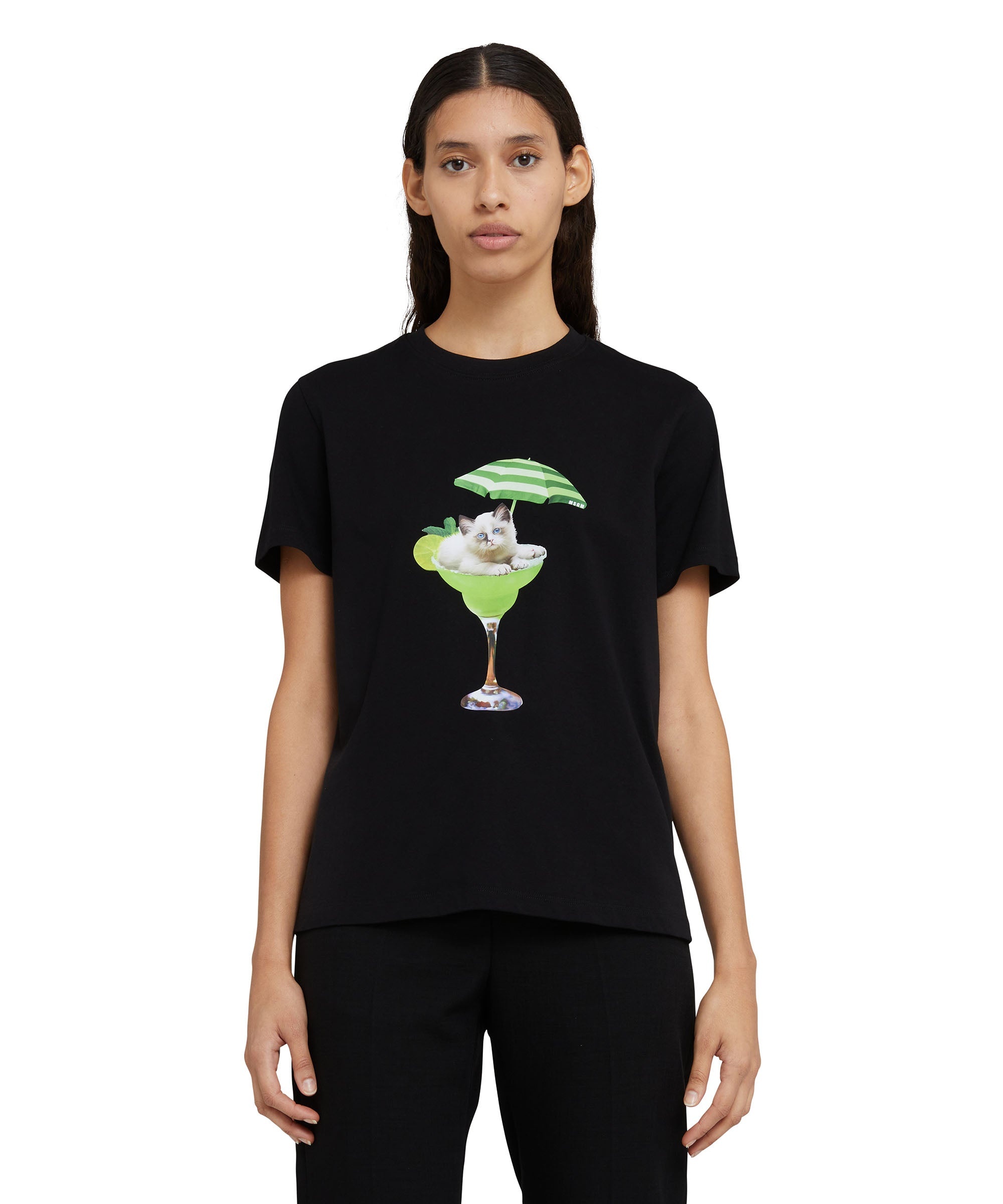 Cotton crewneck t-shirt with "cocktail cat" graphic - 2