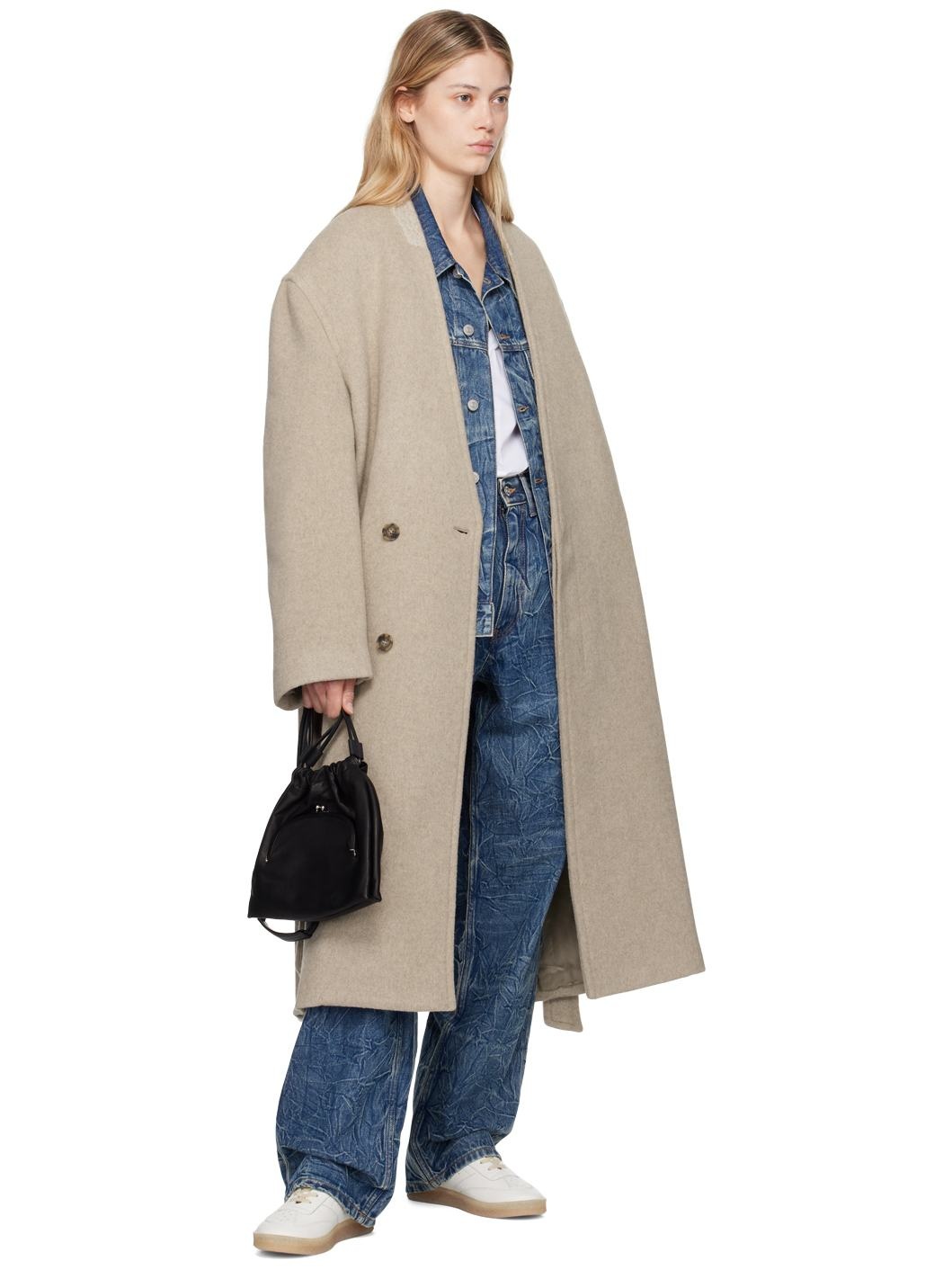 Beige Belted Wool Coat - 5