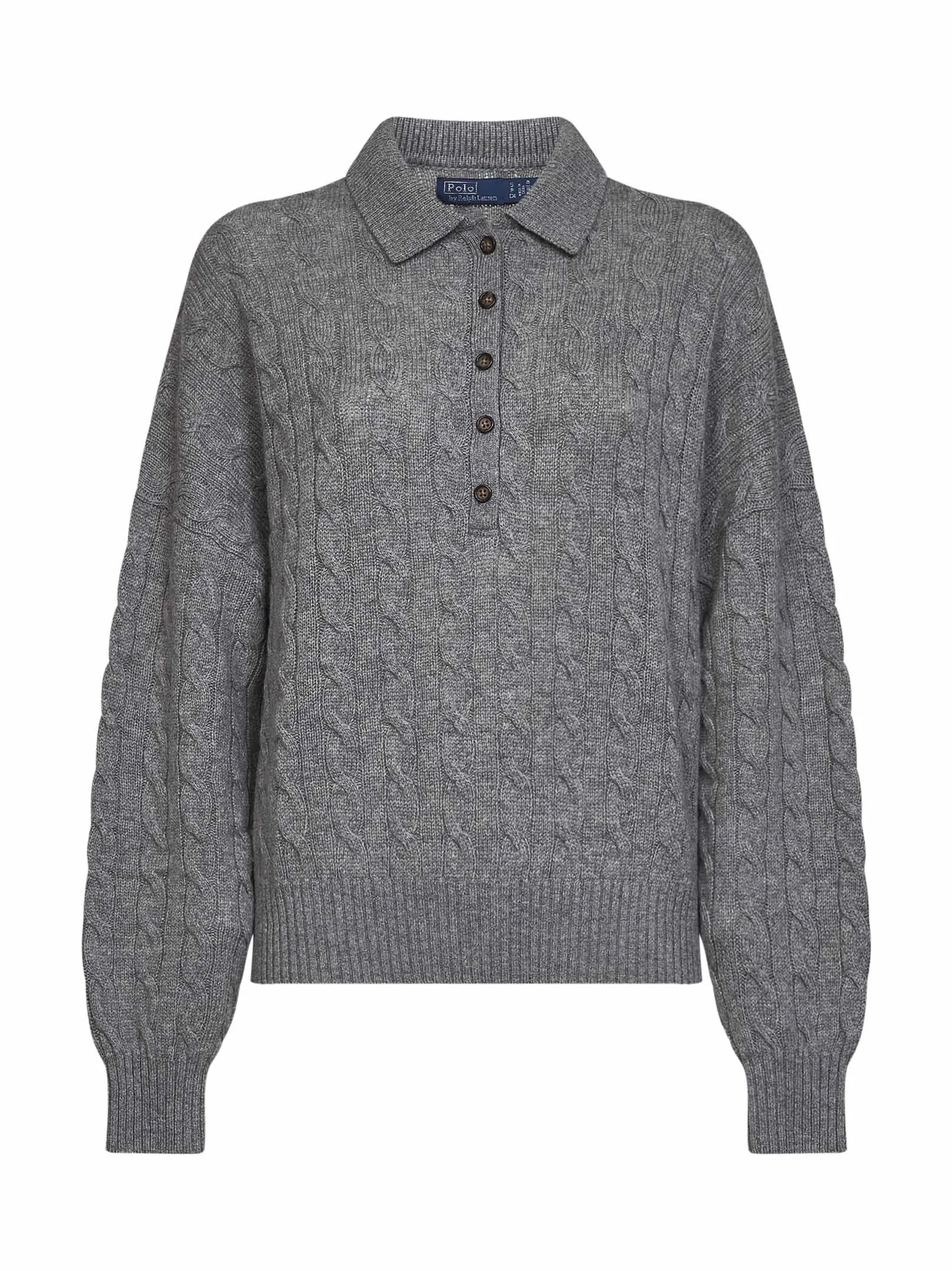 Grey cable-knit wool and cashmere polo shirt - 1