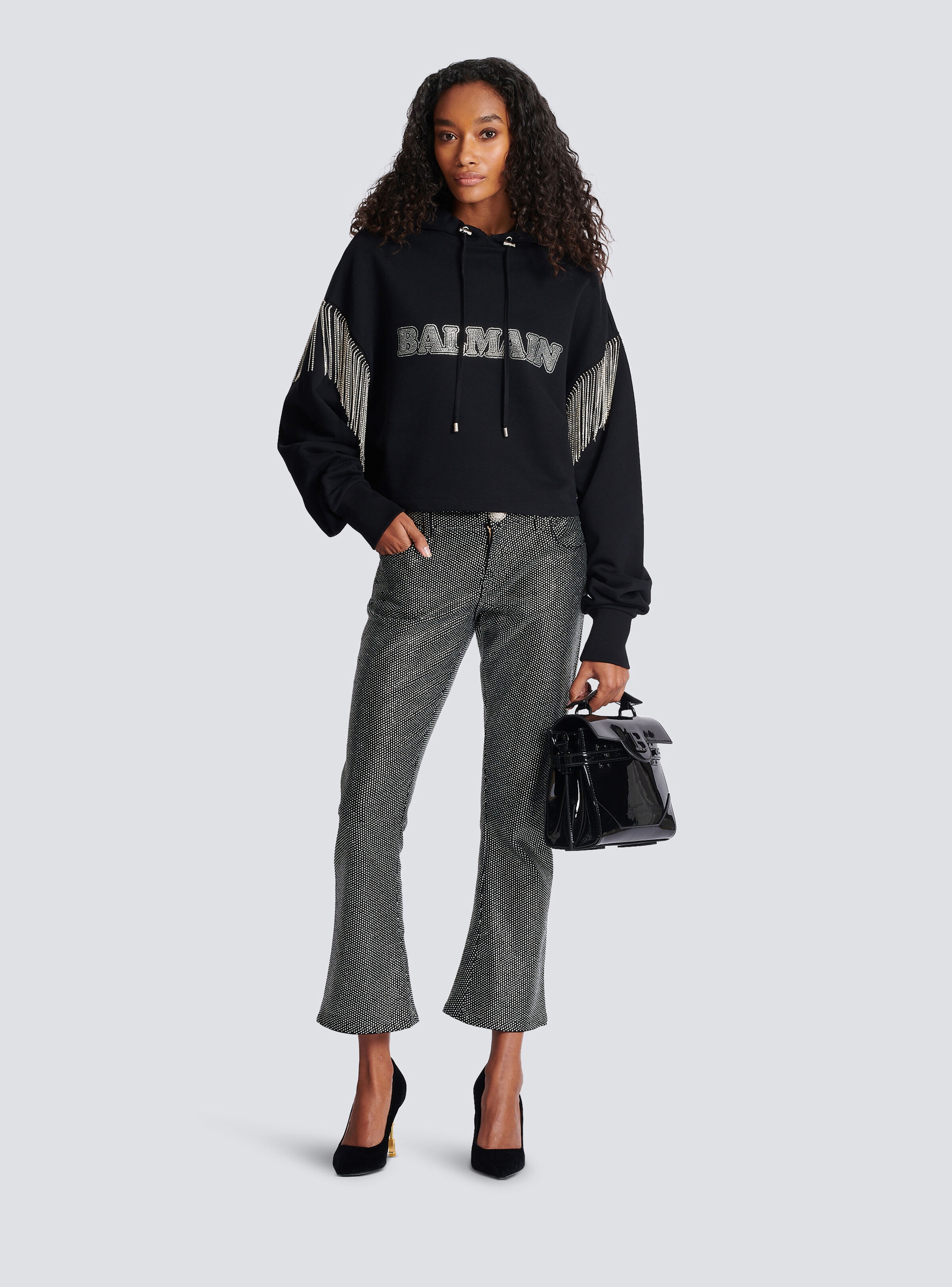 Cropped sweatshirt with fringing and rhinestones - 2