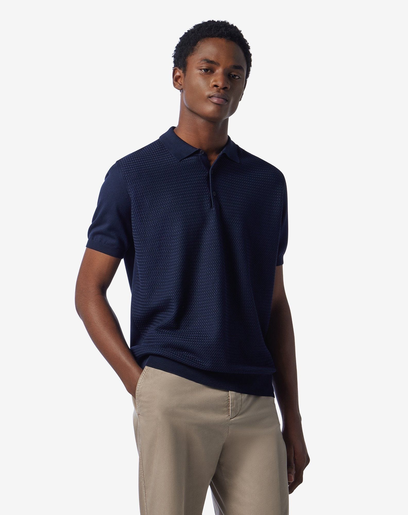 Navy blue button-up Pima cotton polo shirt - 2