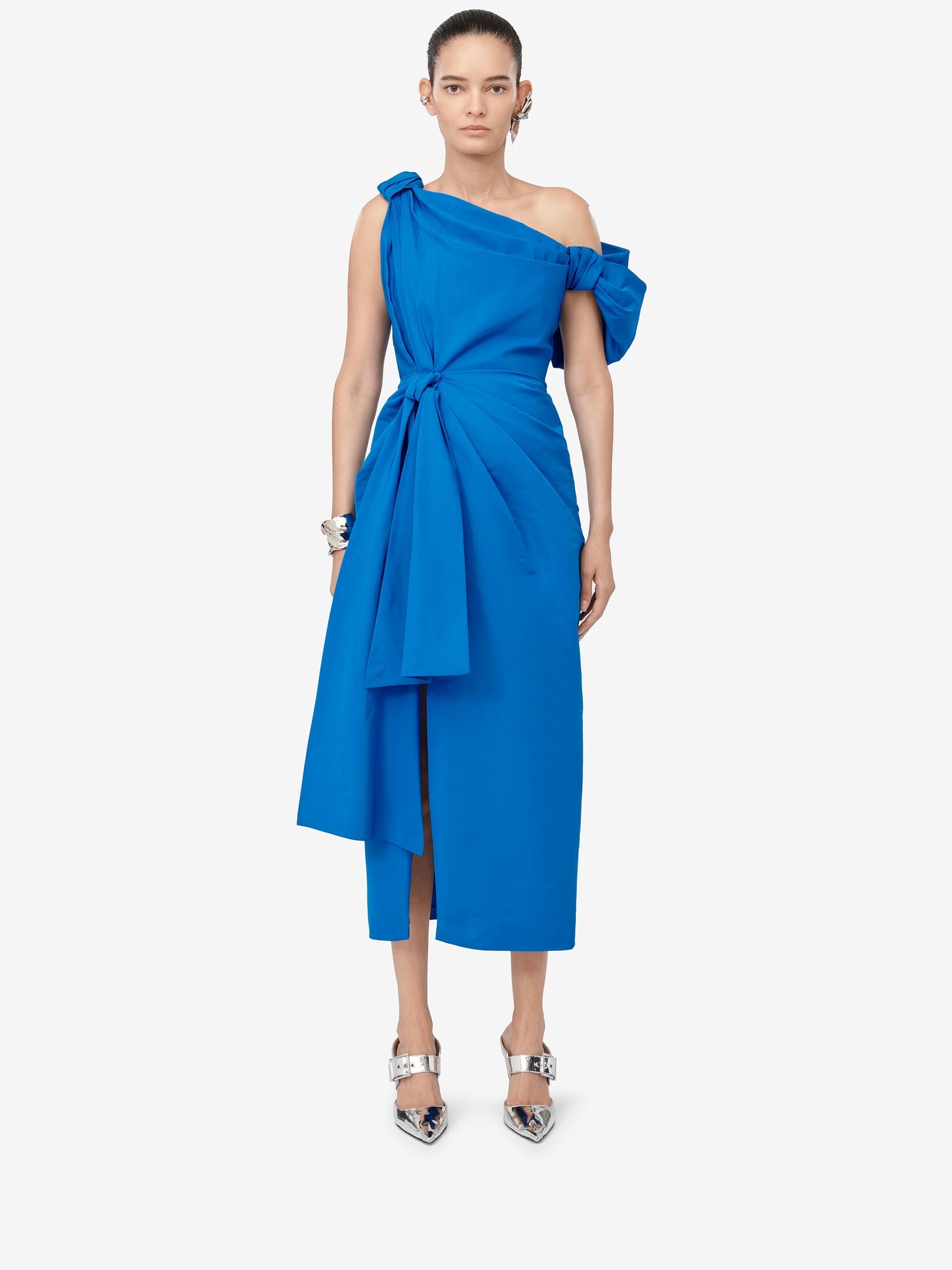 Women's Knotted Asymmetric Pencil Dress in Lapis Blue - 2