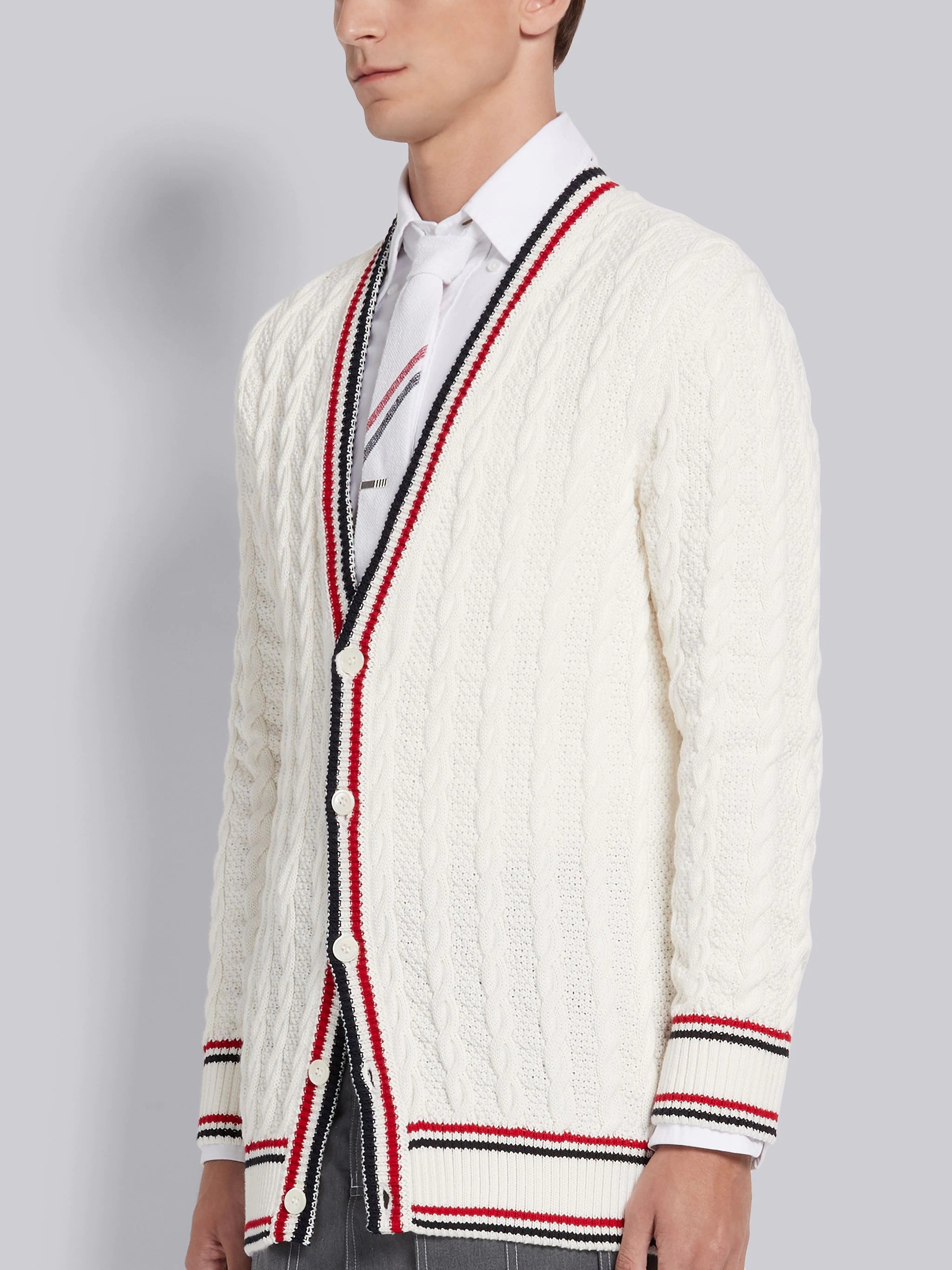 White Cotton Heritage Cable Striped Relaxed Fit V-Neck Cardigan - 2