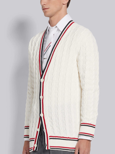 Thom Browne White Cotton Heritage Cable Striped Relaxed Fit V-Neck Cardigan outlook