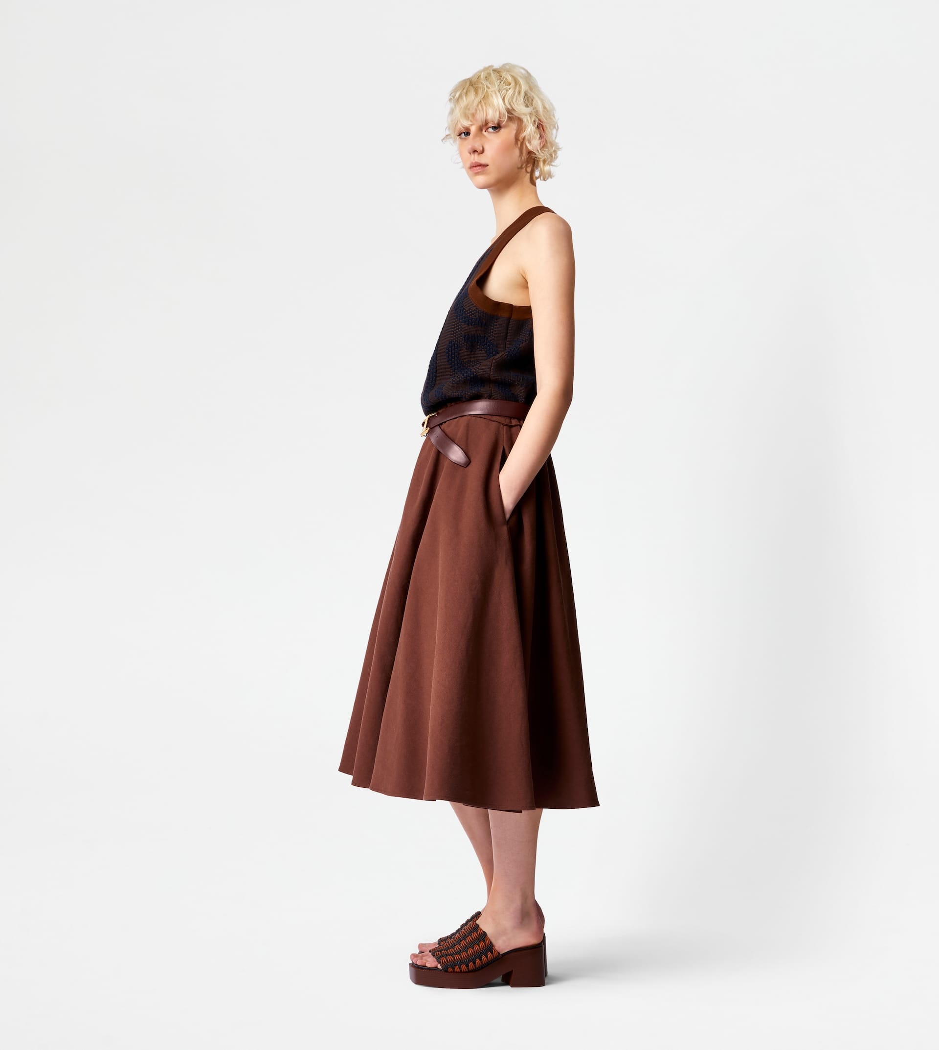 LINEN BLEND FLARED SKIRT - BROWN - 3