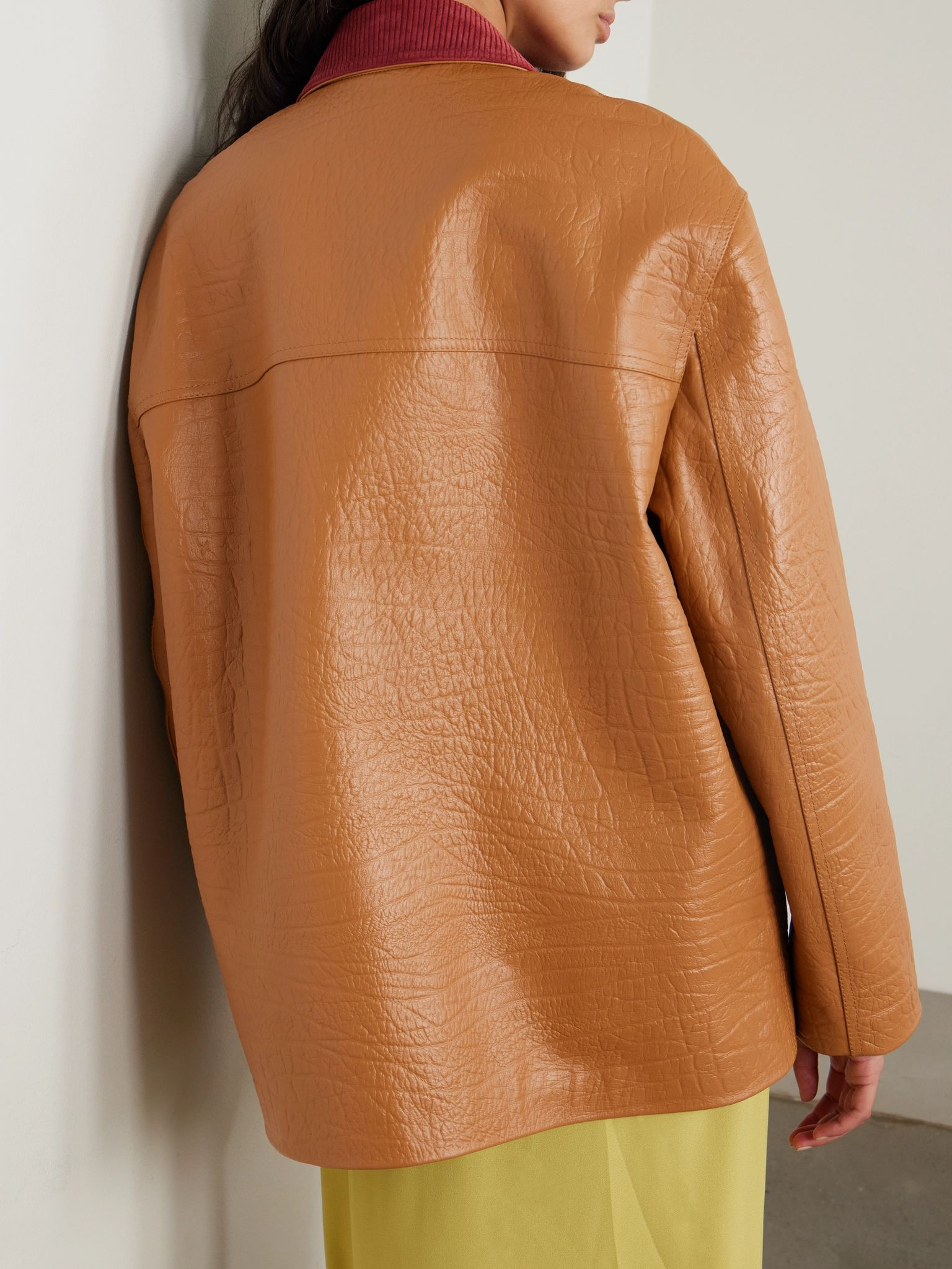 Oversized suede-trimmed textured-leather jacket Brown - 4